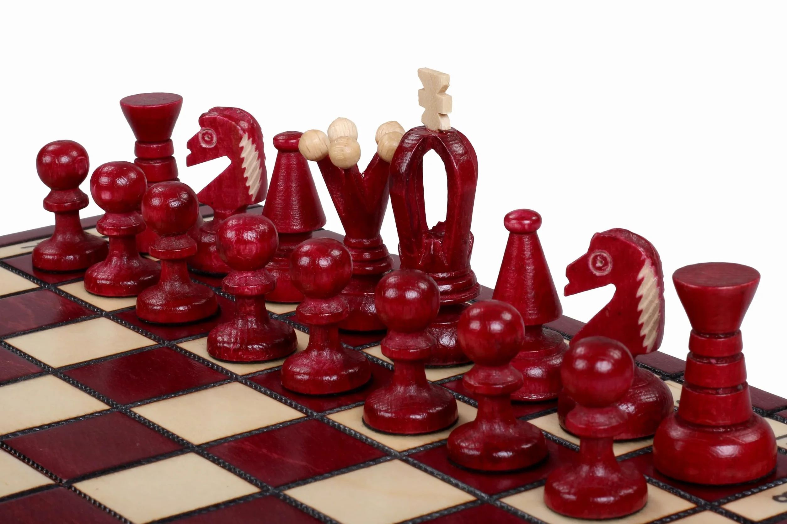 Sunrise Chess & Games Échecs royaux compacts en bois, 30 cm, rouge cerise | Planche pliante de 30 cm, format compact, compartiment intérieur pour figurines, version cerise, poids 0,6 kg