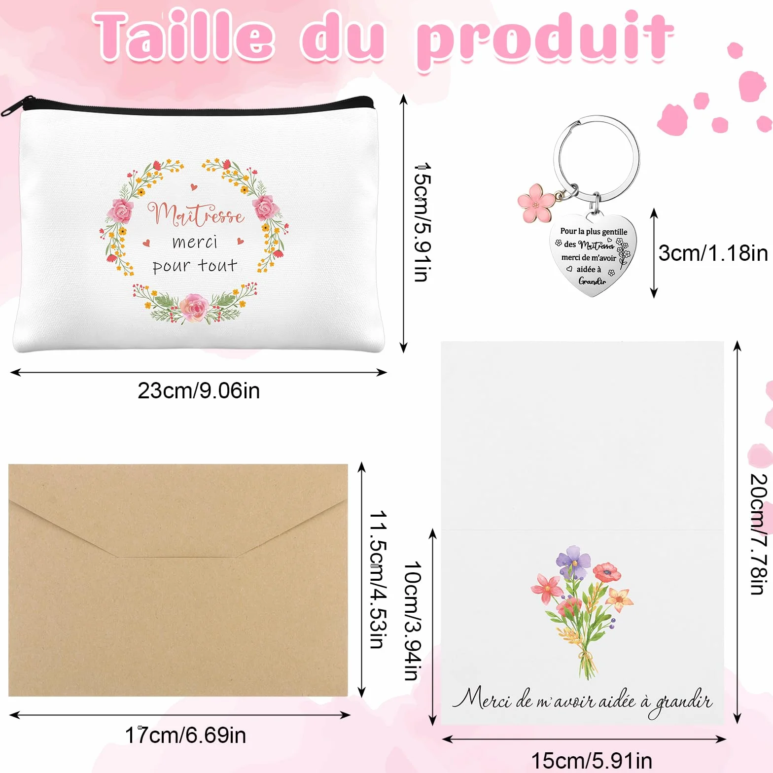 Sac en Coton Trousse de Toilette Porte-clés Carte de Vœux Set 4 Pièces Cadeau pour Maitresse Institutrice ATSEM AESH Fin d'Année