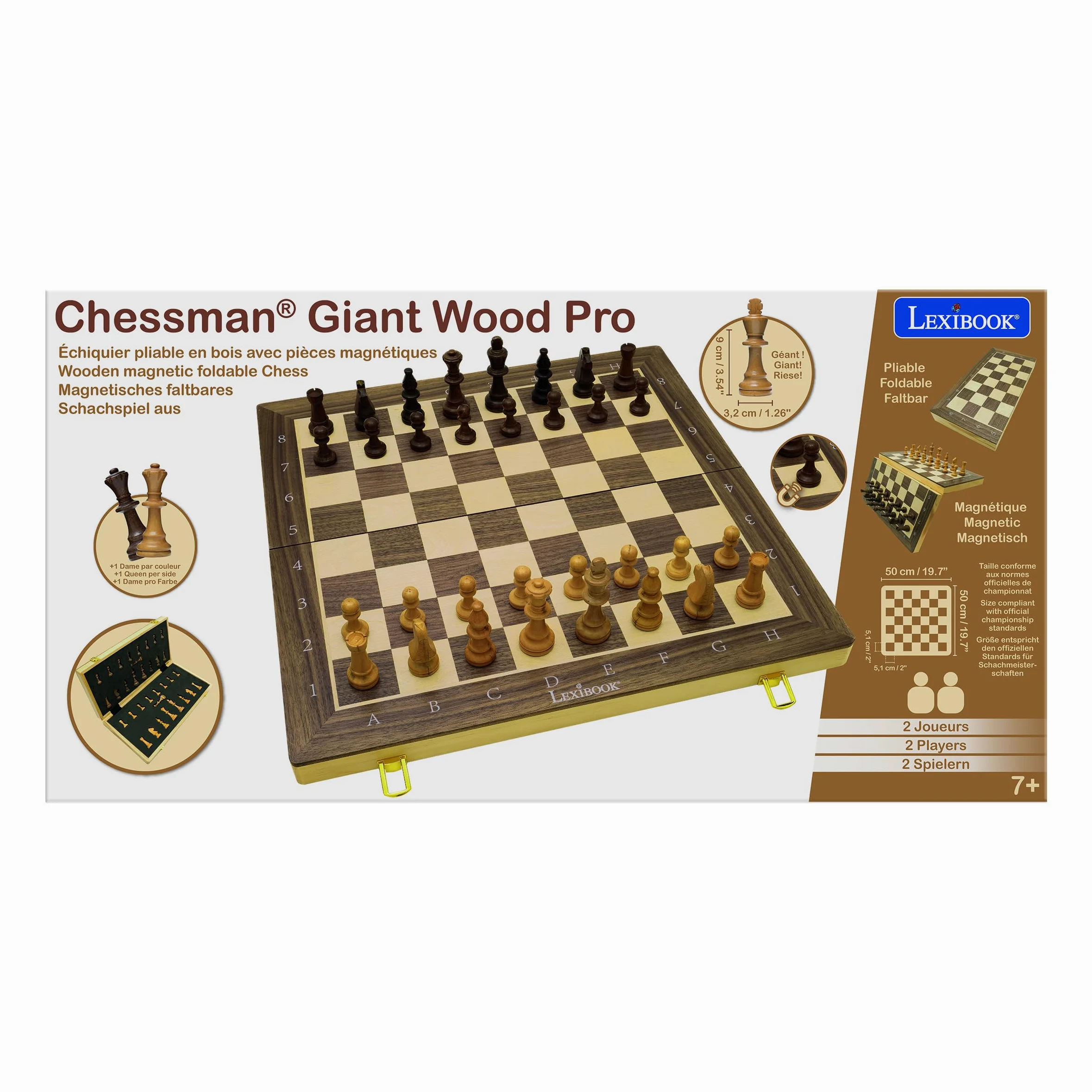 Lexibook, Chessman Géant Pro Jeu d'Échecs Bois, CGM1000LXB | Échiquier en bois pliable avec pièces magnétiques