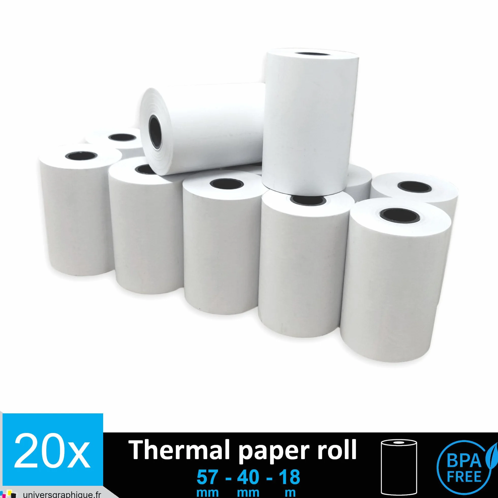 Papier thermique 57 x 40 x 12 rouleaux 20 pièces pour terminal de paiement TPE