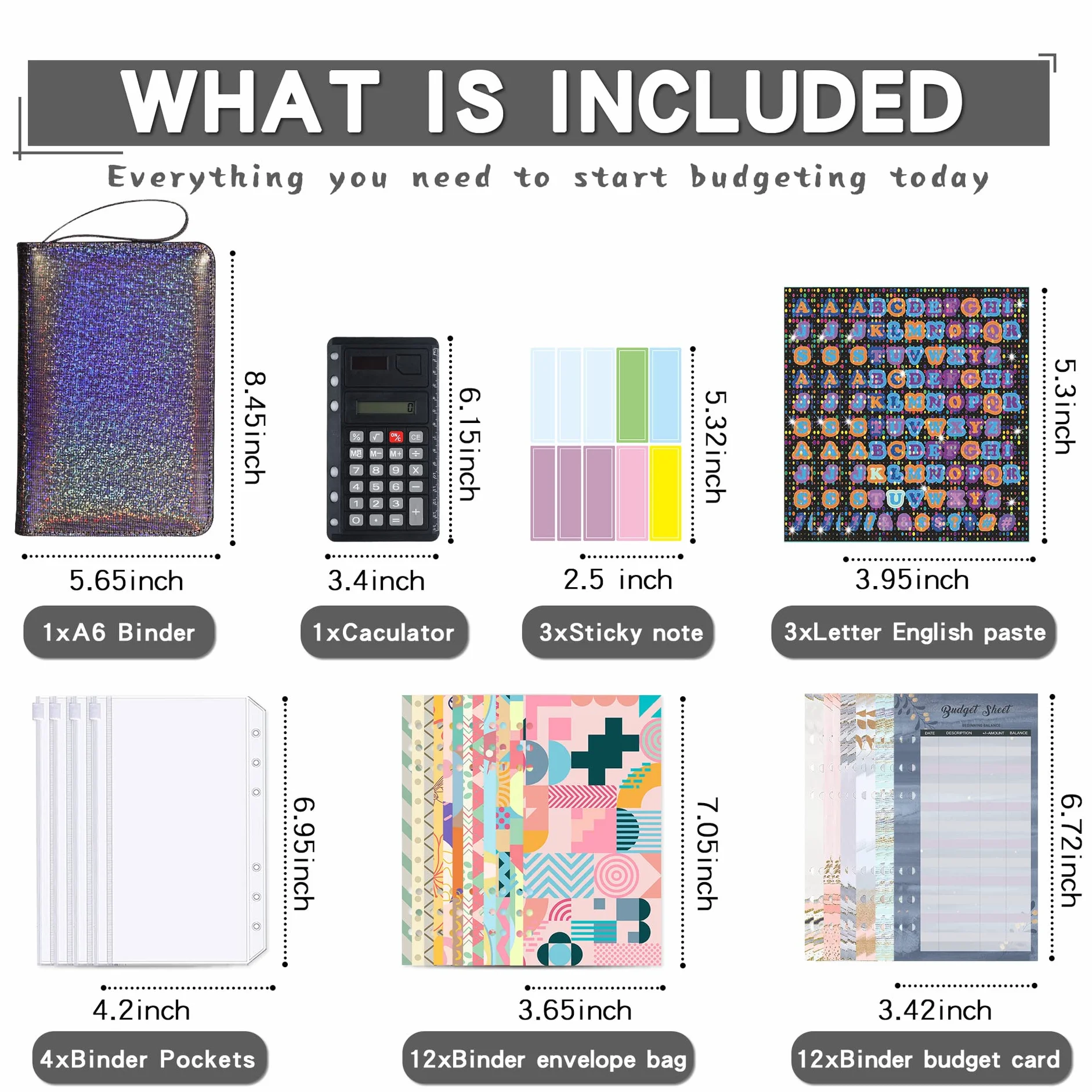 Classeur de budget A6 avec fermeture à glissière, organiseur d'argent, 4 pochettes PVC, enveloppes 12 couleurs, mini-calculatrice (Bleu)