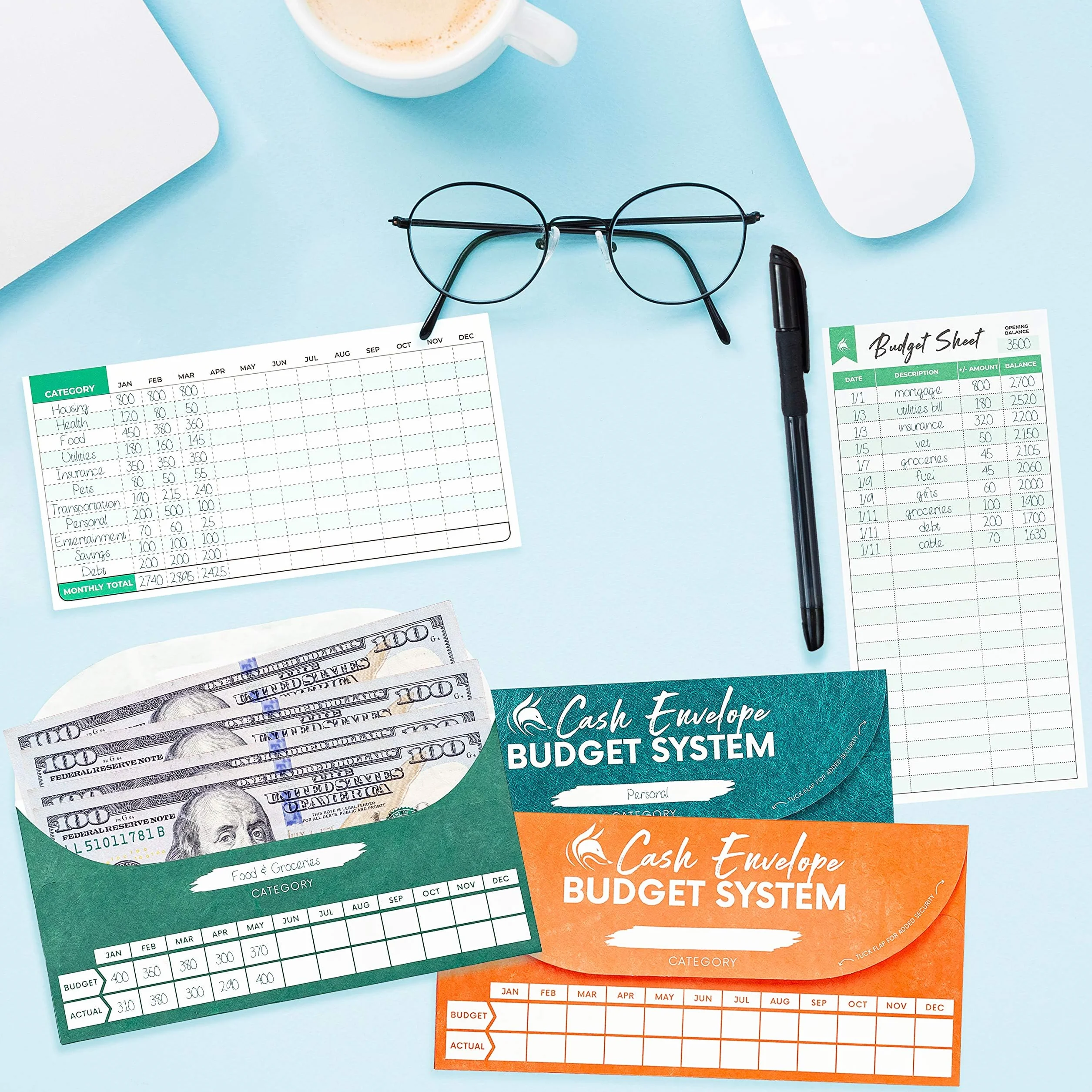 Clever Fox Enveloppes de Caisse Système Budgétaire, 12 Couleurs, Résistant à la Déchirure et à l'Eau, Pochette de Transport 12 Feuilles de Budget Suivi Dépenses