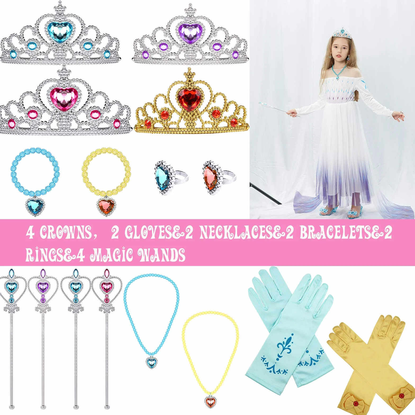 Tacobear Princesse Déguisement Accessoires Chaussure Collier Diadème Gants Baguette Bracelet Anneau Elsa Belle Raiponce Aurore Bijoux Filles Carnaval
