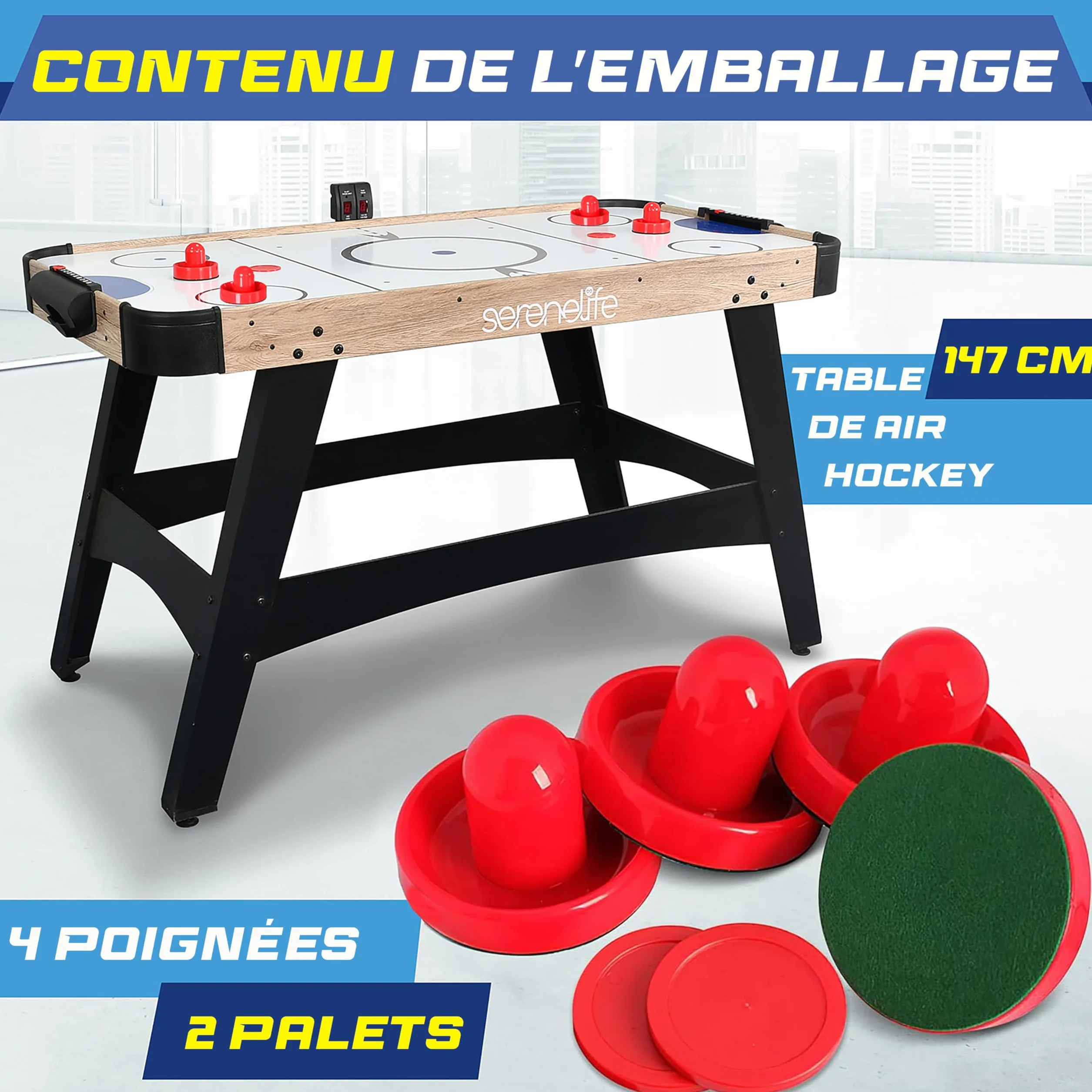 SereneLife Table de Air Hockey avec Soufflerie, Jeu de Hockey sur Table pour Enfants et Adultes avec Palets et Poignées