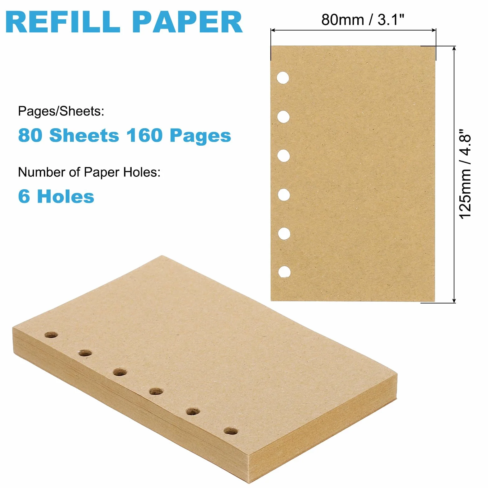 PATIKIL Papier kraft A7 non ligné rechargeable 6 trous 80 feuilles Beige