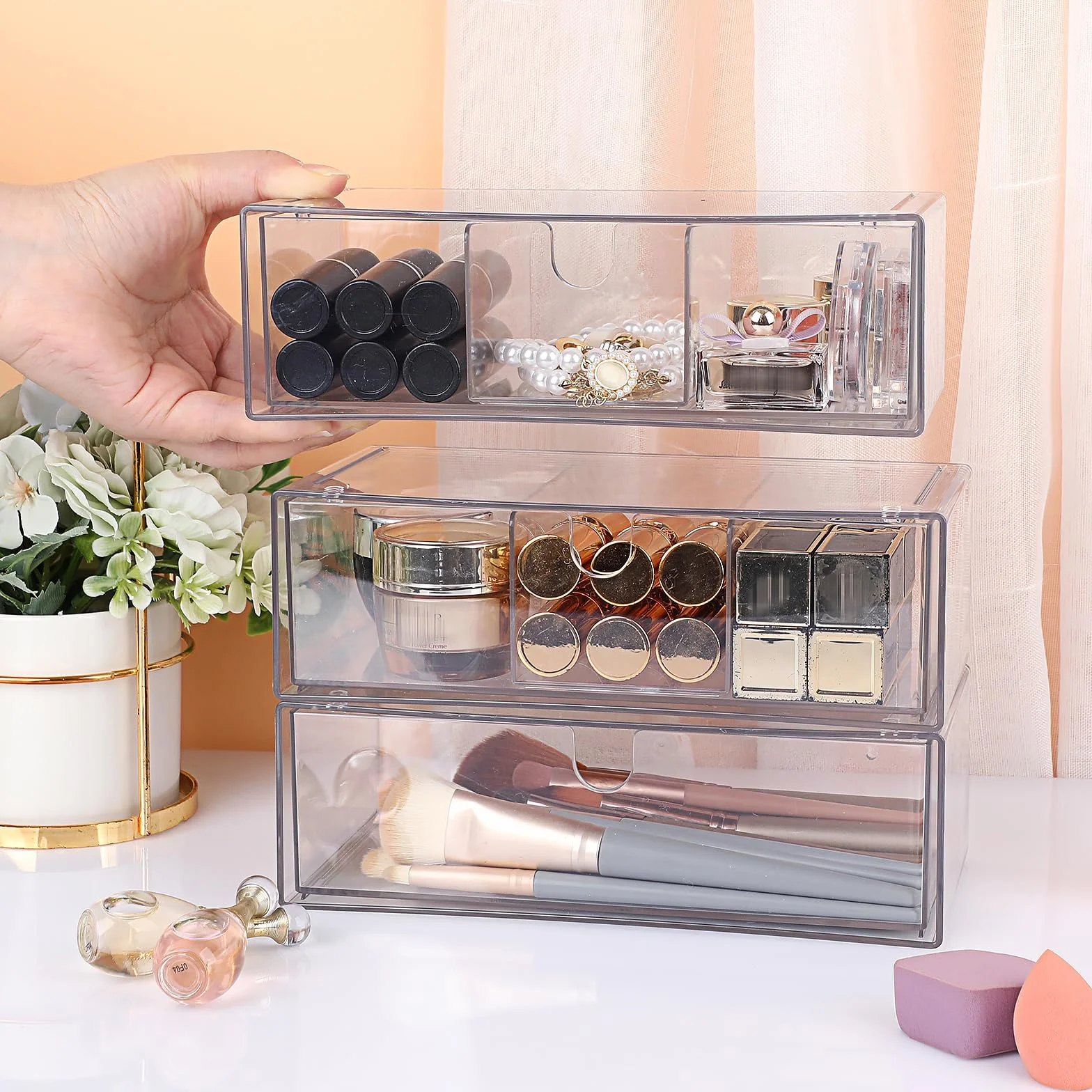 SUMTree Organisateur de tiroirs transparent plastique 3 tiroirs Boîte de rangement empilable 21x10x6cm