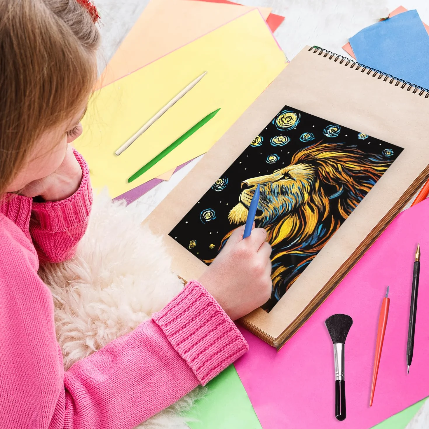 Kit Art à Gratter Arc-en-Ciel Lumineux 8 Pièces avec Outils de Grattage pour Adultes et Enfants (Animaux)