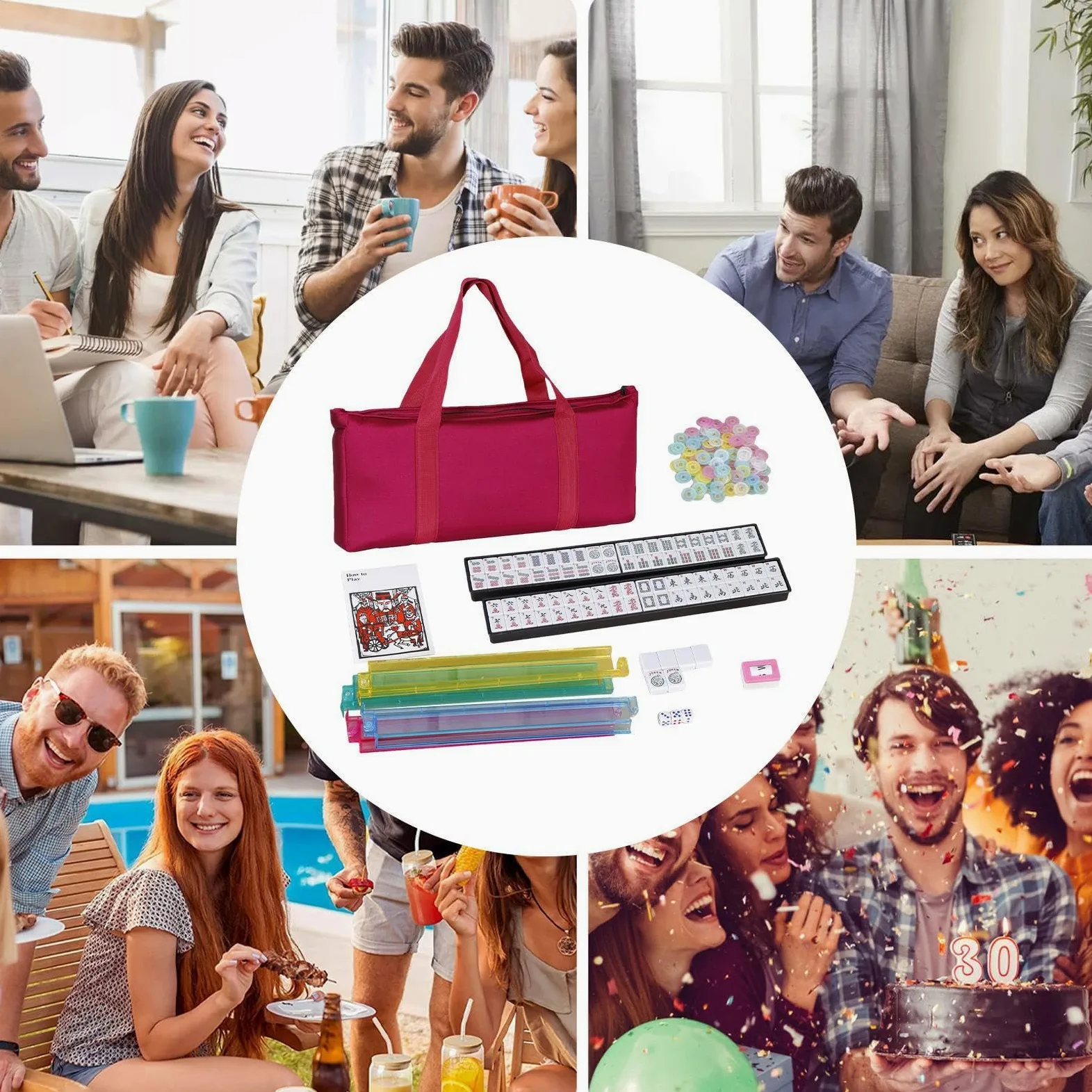 Générique Jeu Complet De Mahjong - 166 Tuiles avec Sac De Transport Portable | Accessoires Complets Dés Et Règles Portable pour Apprentissage Maison Adultes Débutants Et Seniors