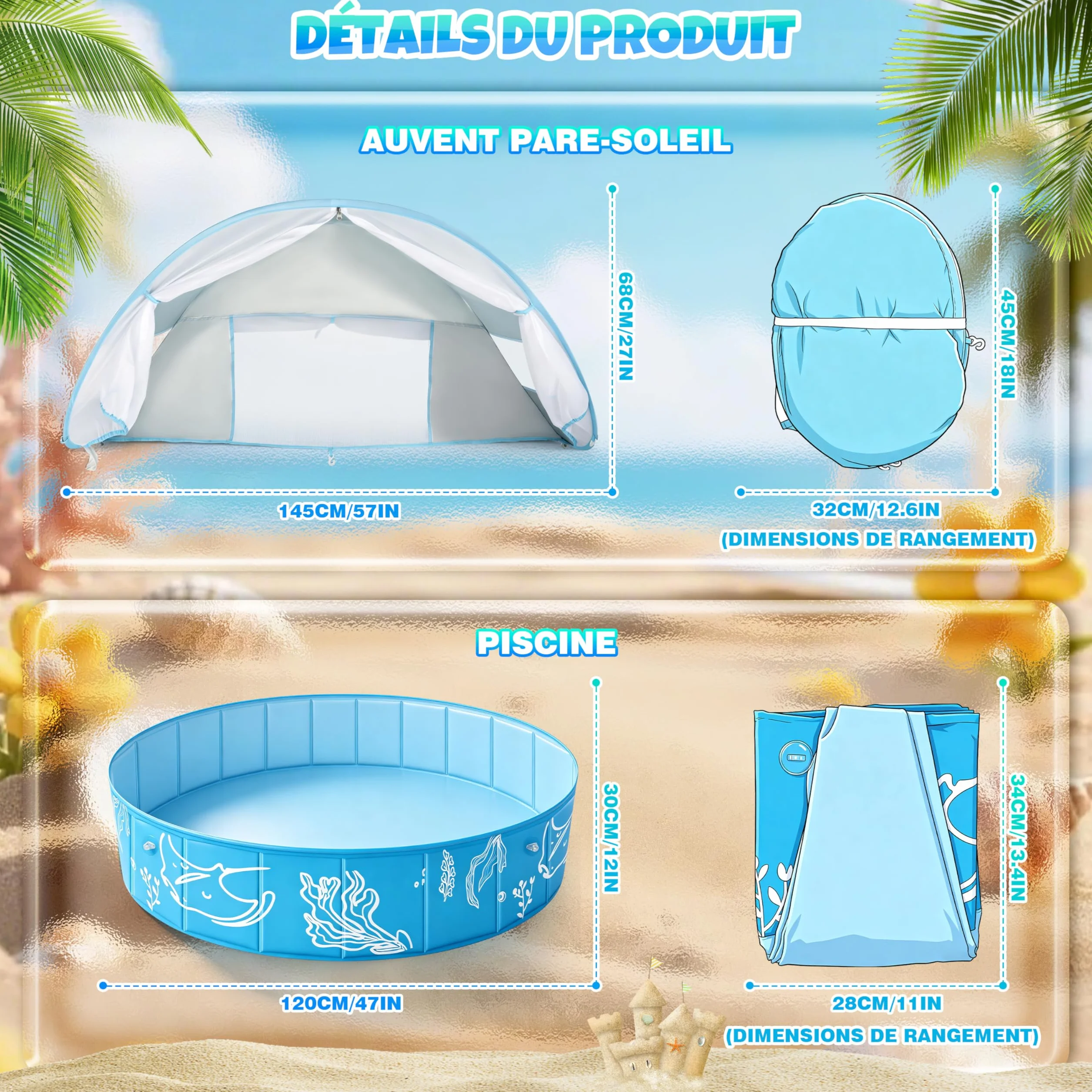 Piscine Bébé 4 en 1 120×30 cm Anti UV SPF50+ avec Auvent Pliable Tente de Plage Pour Jardin