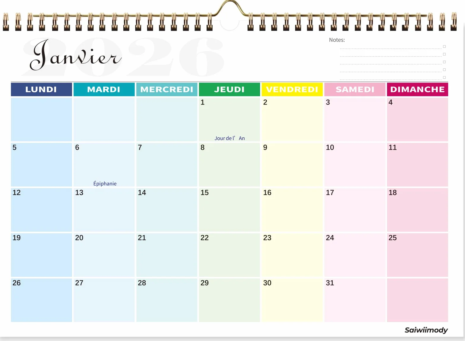 Calendrier 2026 Mural Coloré 18 Mois 31 x 21cm Familial Juillet 2025 à Décembre 2026 Mensuel