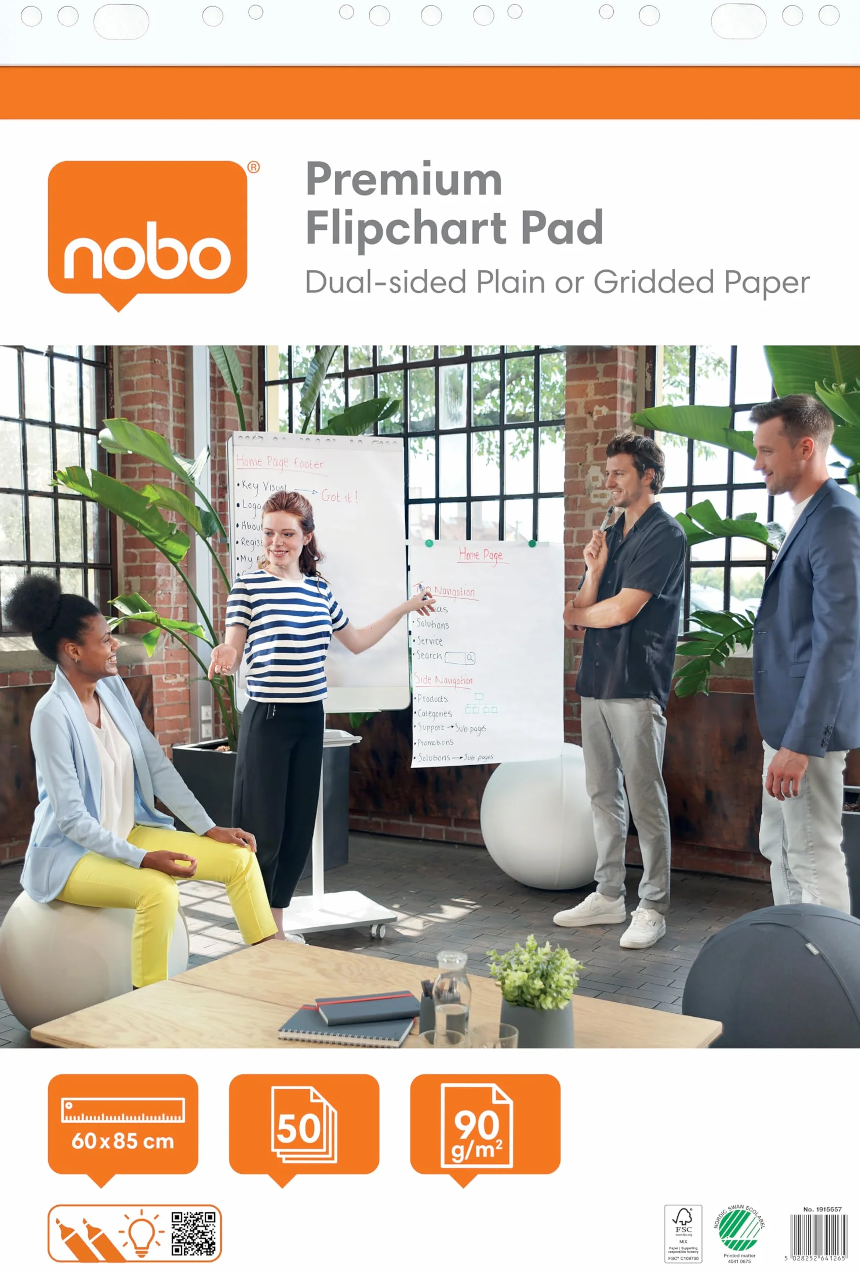 NOBO Recharge de Papier pour Paperboard 60 x 85 cm, Double-face Papier Uni/Quadrillé, 50 Feuilles, 90 g/m²