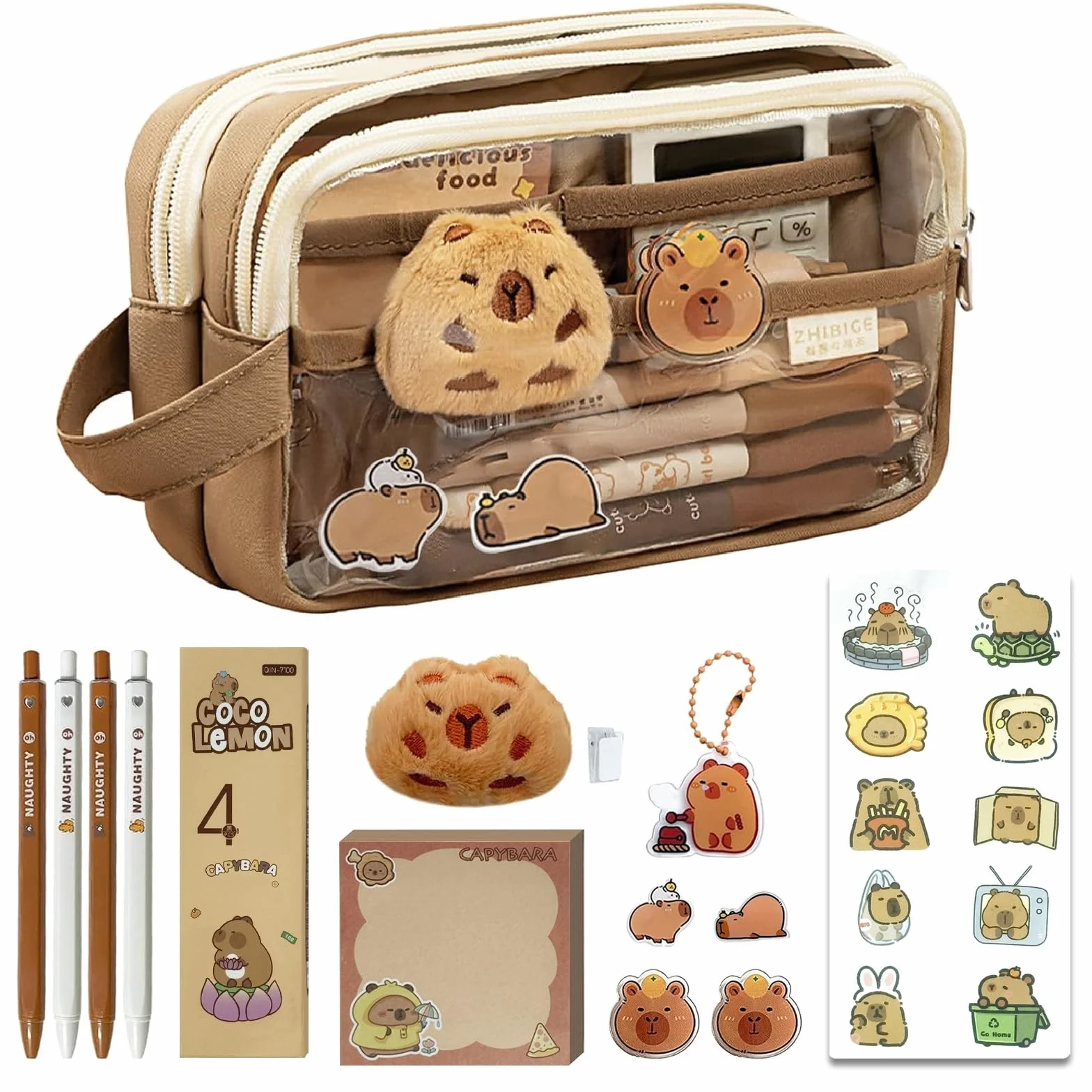 Trousse Capybara Ensemble Papeterie avec Stylo Autocollants Pins Porte-clés Blocs-Notes Grande Capacité Cadeau Fille Garçon
