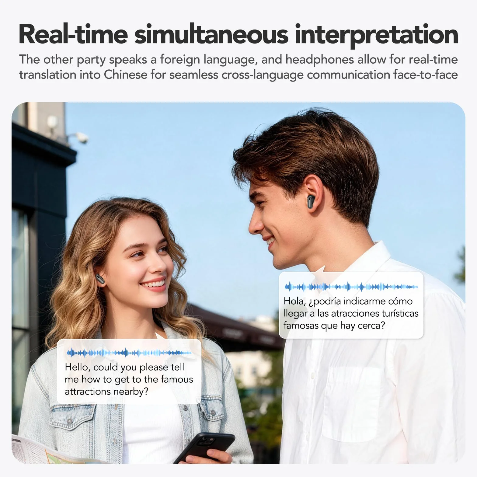 Écouteurs Traduction Instantané 134 Langues Bluetooth Sans Fil avec Écran Tactile Noir