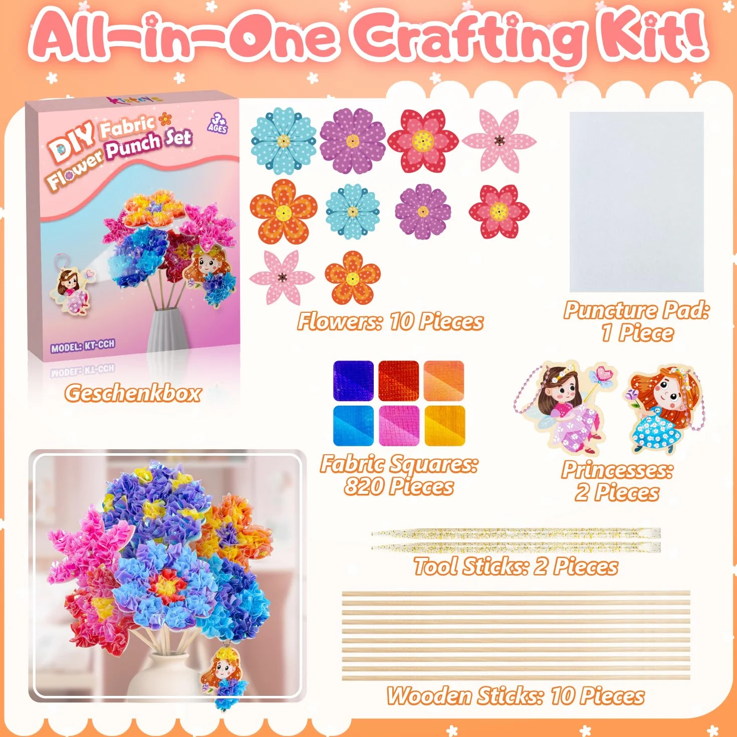 Kit de bricolage pour enfants Kiztoys - Mallette bouquet de fleurs avec paillettes - Kit créatif fille cadeau