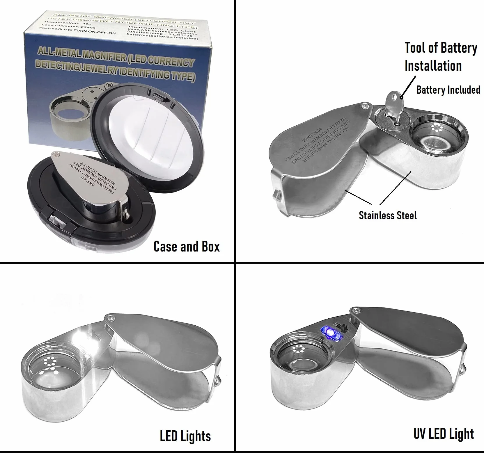 Loupe Bijoutier 40X en Acier Inoxydable pour Diamants, Bijoux, Pièces de Monnaie
