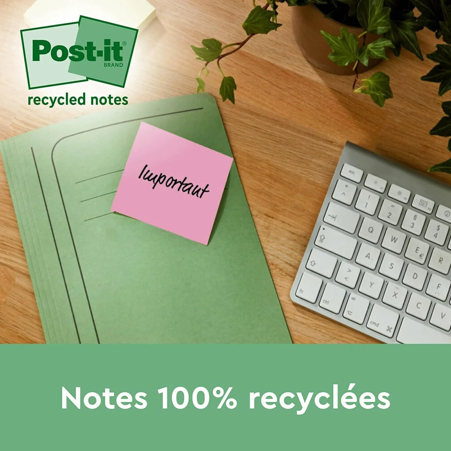 Post-it Notes Autocollantes Super Sticky Recyclés 12 Blocs 70 Feuilles 47.6 mm x 47.6 mm Papier 100% Recyclé