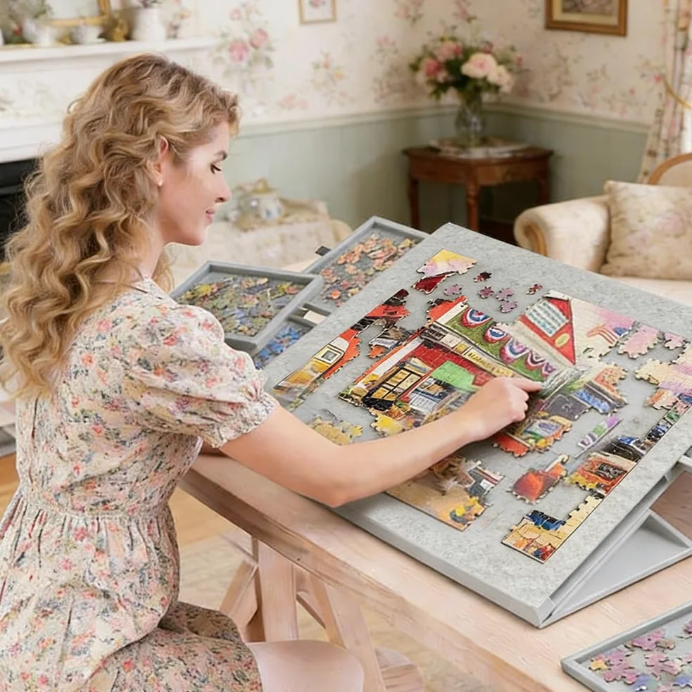 Table de puzzle inclinable pour 1000 pièces, en feutre léger avec 6 tiroirs de tri, portable, avec support et couvercle réglables, gris argenté