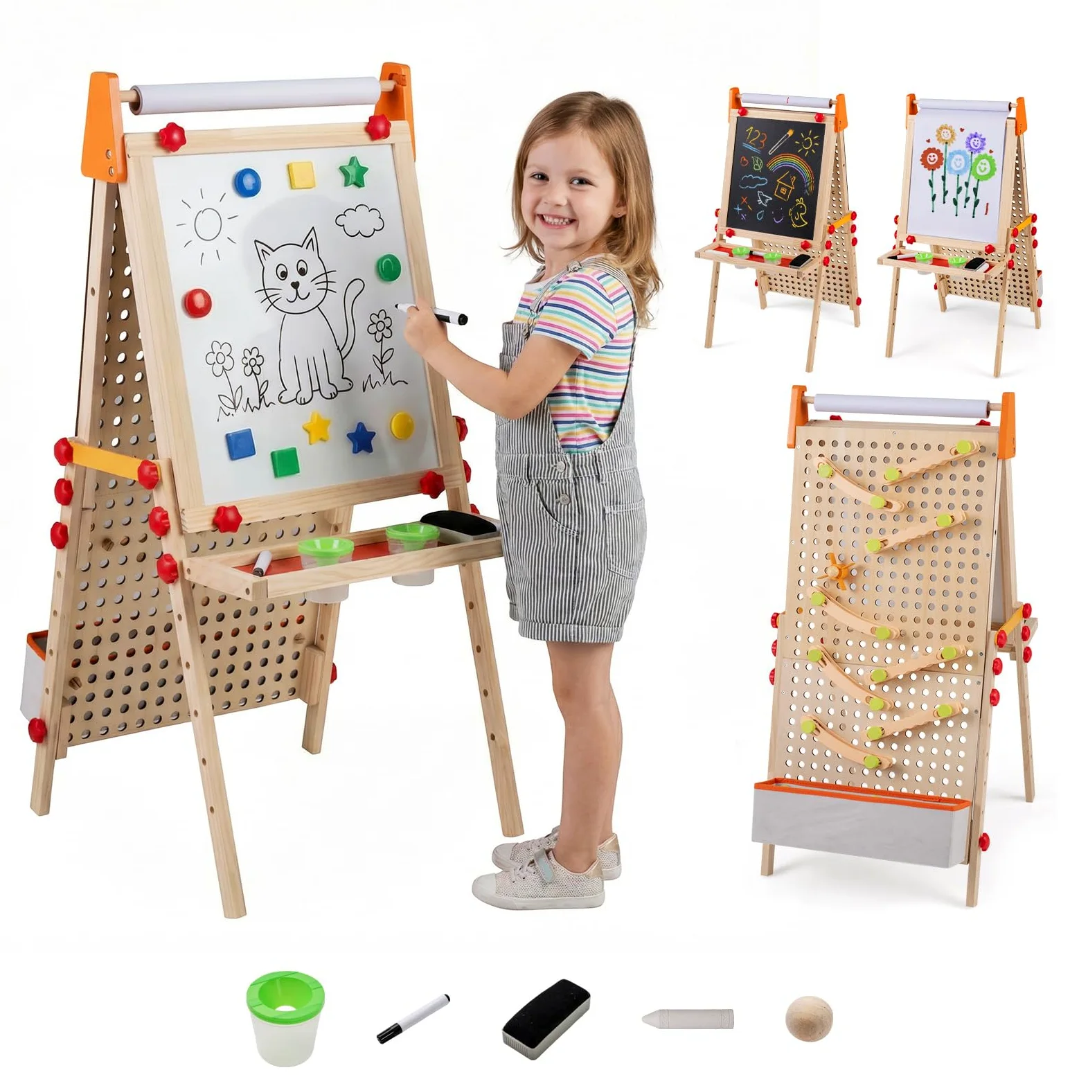 COSTWAY Tableau Enfant Double Face avec Tableau Blanc Magnétique et Noir, Chevalet Enfant en Bois Pliable avec Rouleau de Papier et 12 Accessoires, Parcours de Billes, Chevalet Peinture pour 3 Ans+