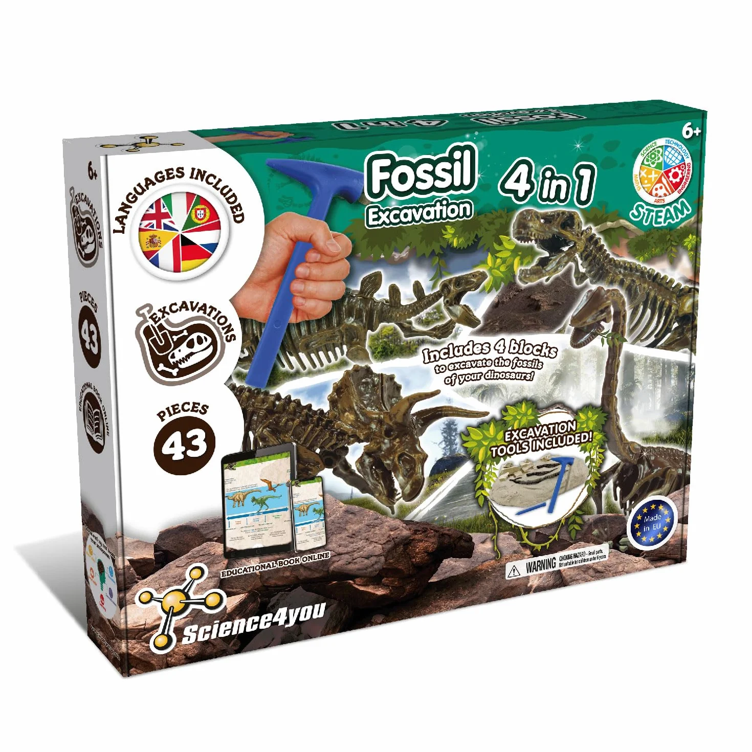 Science4you Kit de Fouille de Fossiles 4 en 1 pour Enfants 5-10 Ans - Excaver et Assembler 4 Dinosaures T-Rex Triceratops Velociraptor Stegosaurus