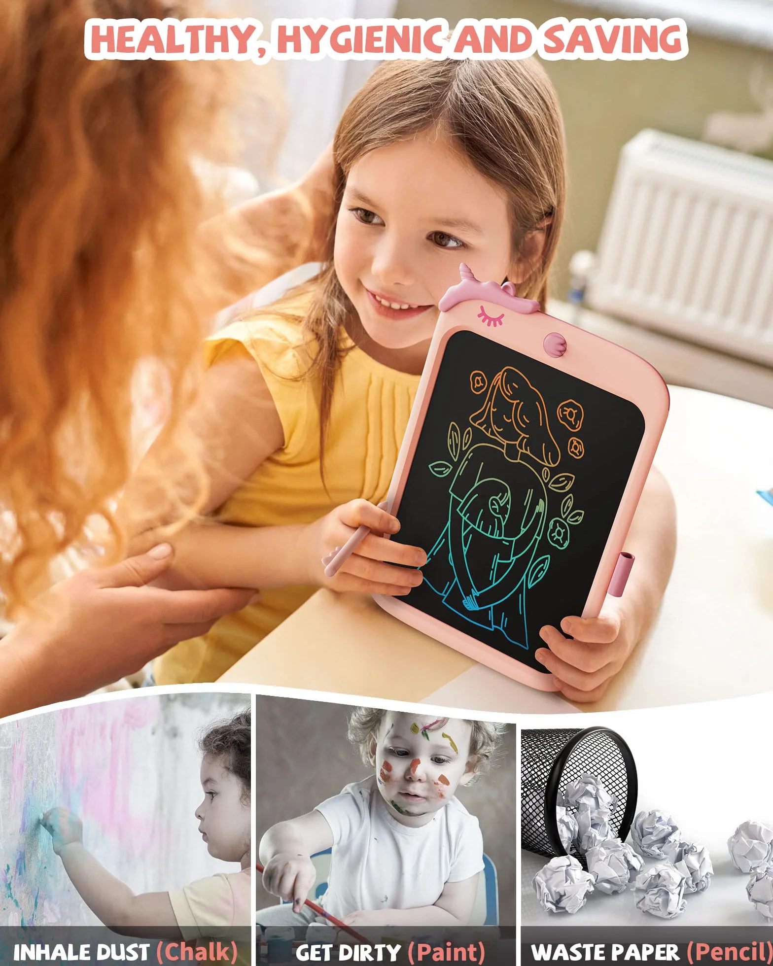 Tablette d'écriture LCD Licorne 10 pouces Doodle Board avec verrouillage jouet éducatif cadeau 3-6 ans Rose