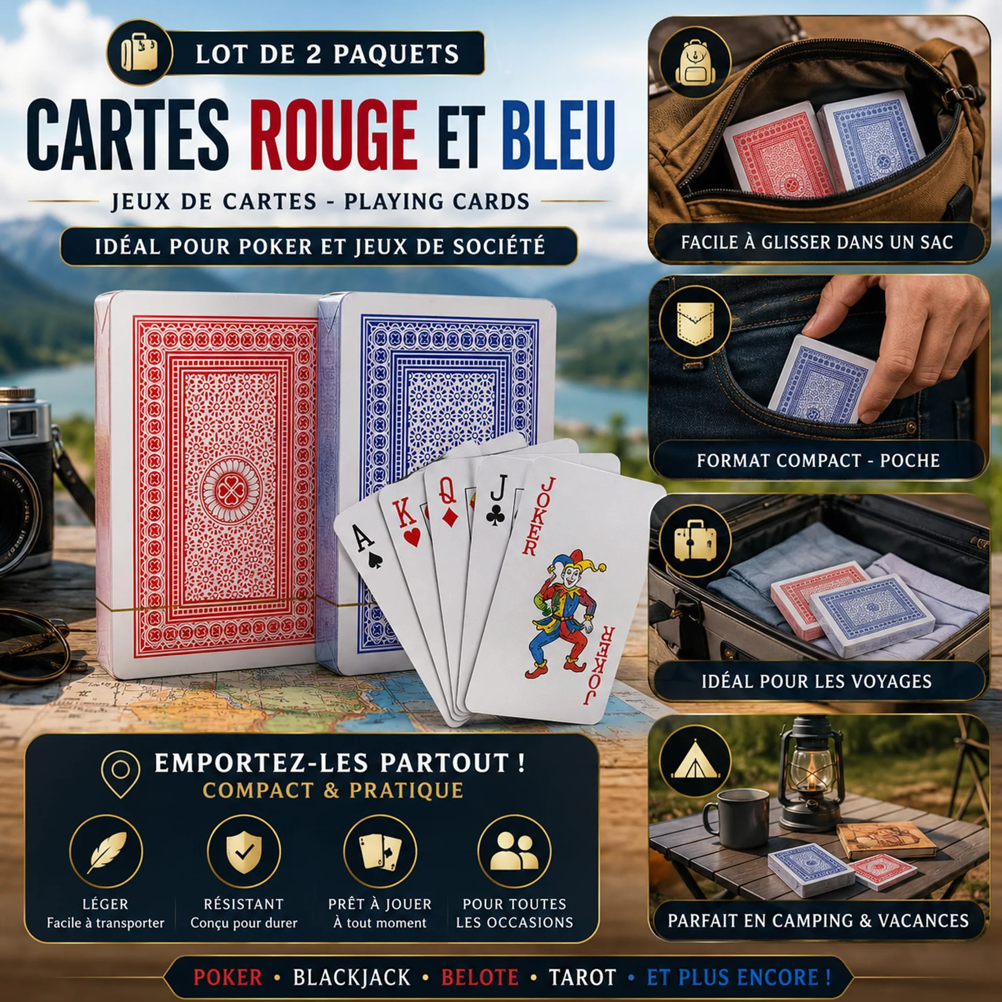 Jeux de Cartes Rouge et Bleu Lot de 2 - Cartes à Jouer pour Poker et Jeux de Société