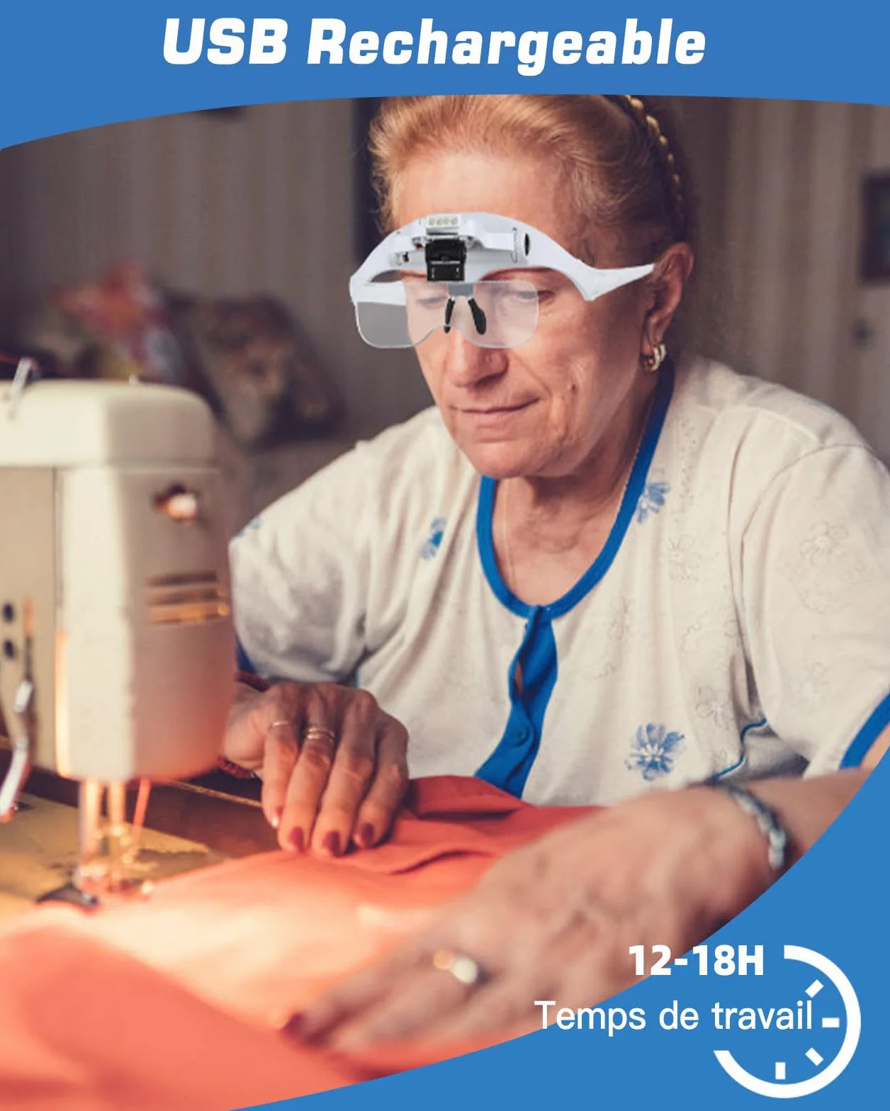Anpro Lunette Loupe USB Rechargeable LED 4 Lumières Luminosité Réglable 5 Lentilles Détachables 1X-3.5X