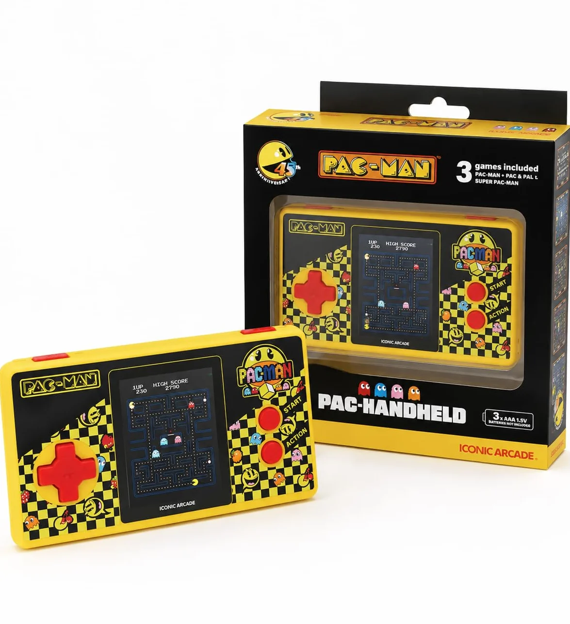 PAC-Man Console de Jeu Portable Édition Pocket Mini Arcade Rétro 3 Jeux Classiques Jaune