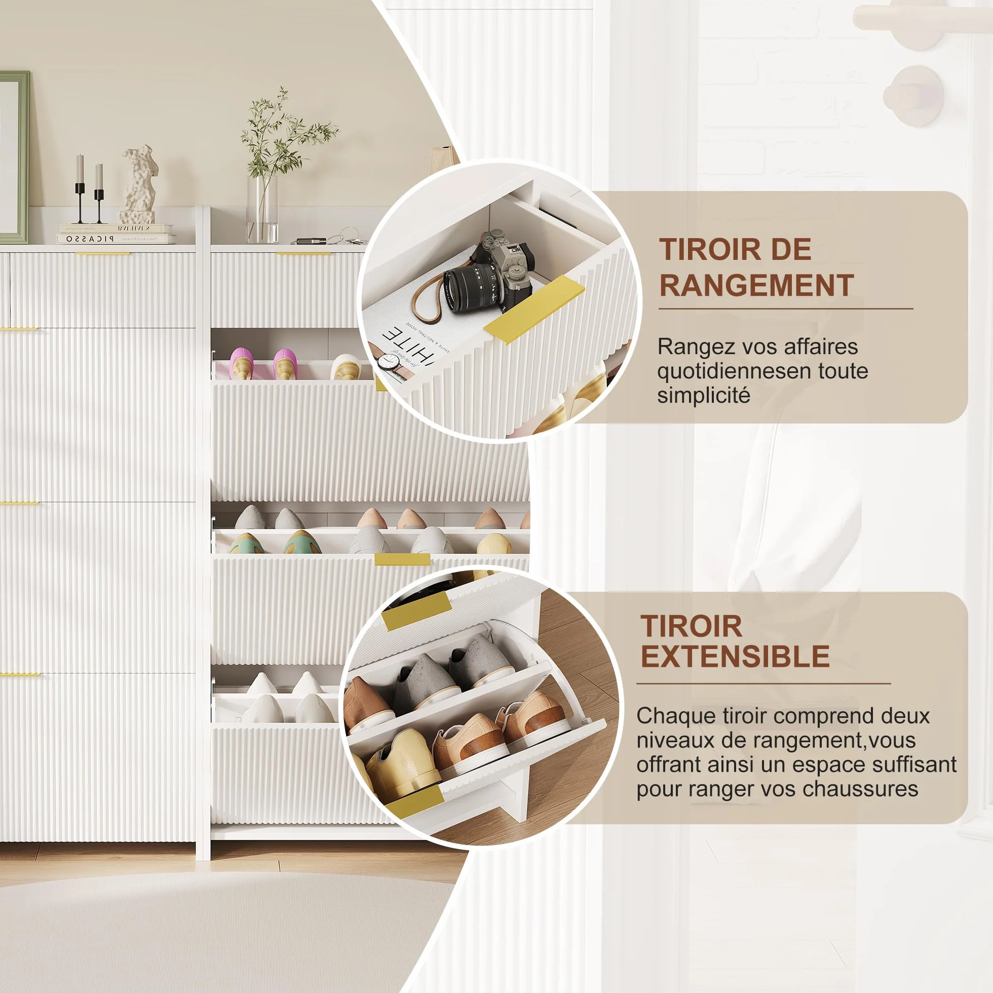 Armoire à Chaussures 15-20 Paires 3 Tiroirs Cloison Réglable 77x24x133.5 cm Blanc