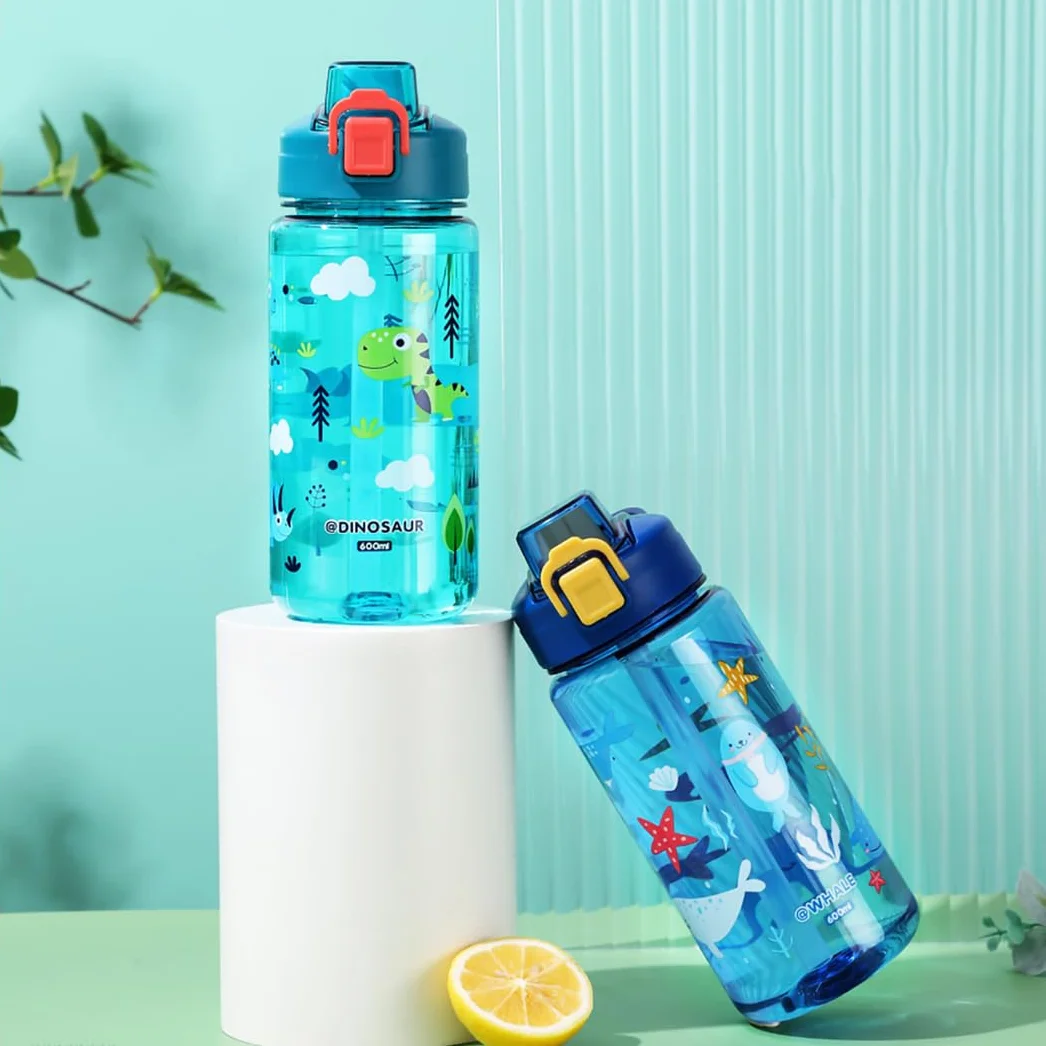 Gourde Enfant 600ml Paille Bouteille Eau sans BPA Anti-Fuite Bleu