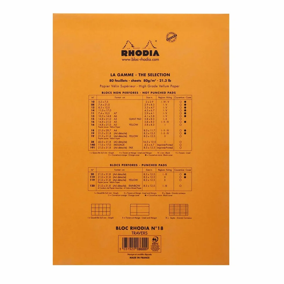 Rhodia Bloc-Notes Agrafé N°18 Orange A4 21 x 29,7 cm Ligné 80 Feuillets Papier Clairefontaine 80 g/m²