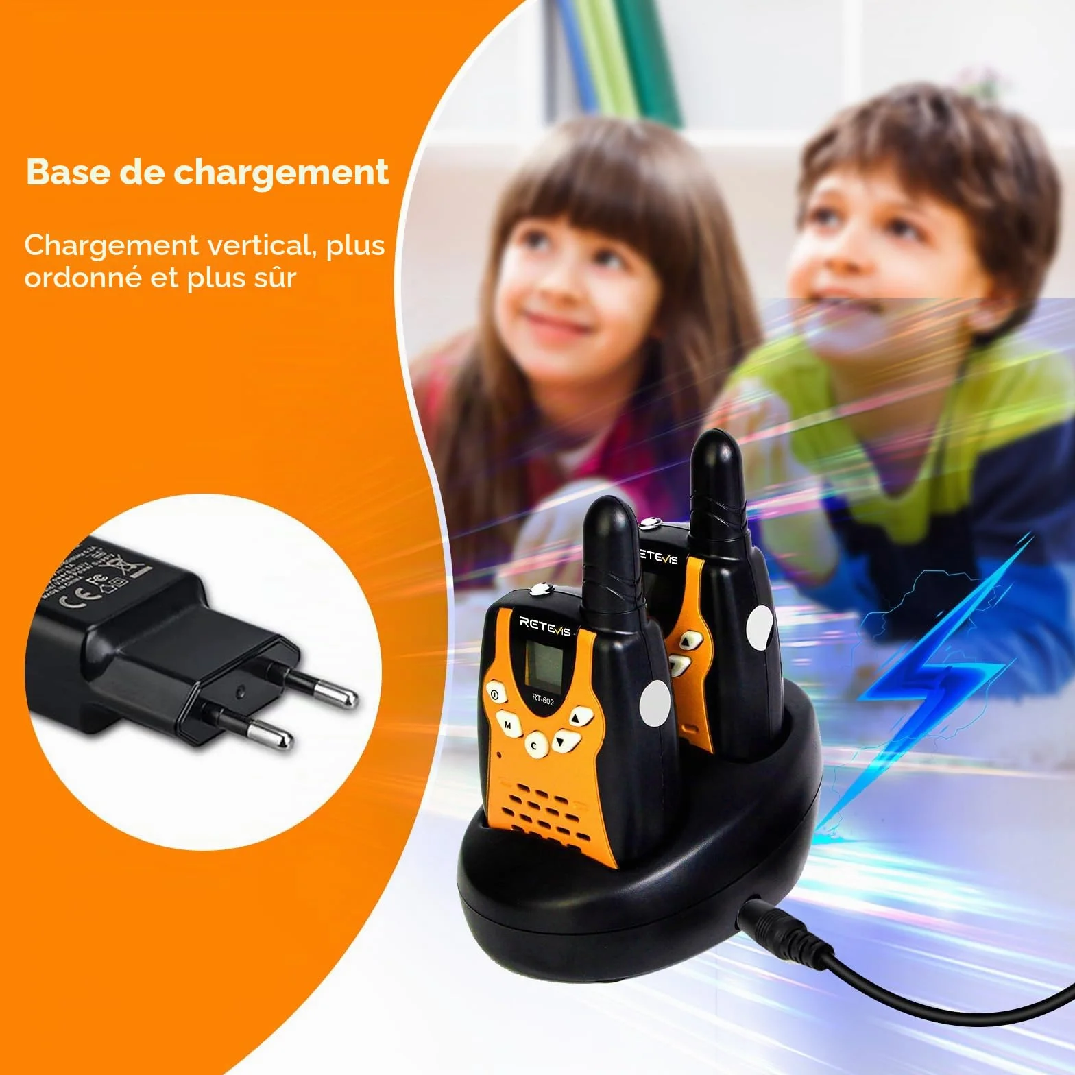 Retevis RT602 Talkie Walkie Enfant Rechargeable avec Base de Chargement et Batterie Li-Ion, Lampe Poche, Cadeau Camping Aventure (1 Paire, Orange)