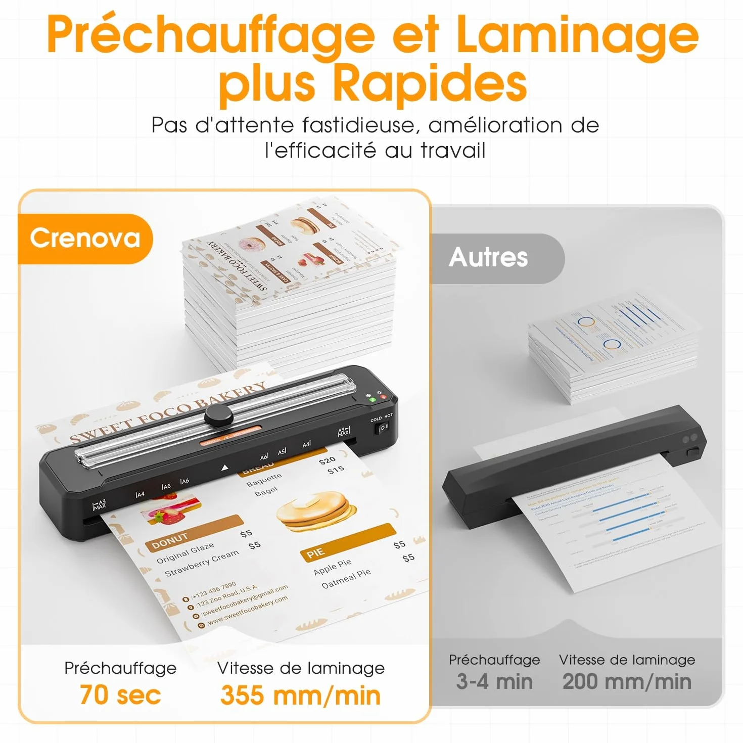 Crenova Plastifieuse A3, Chauffe rapide, Modes chaud et froid, avec 10 pochettes et arrondisseur d'angles, noir