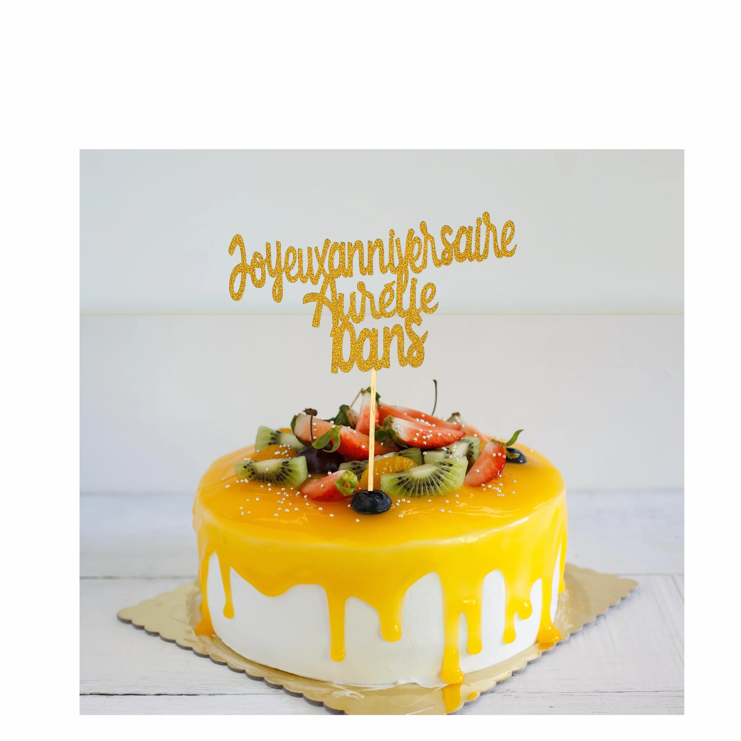 Cake Topper Joyeux Anniversaire Personnalisé Doré Pailleté Recto Verso Décoration Gâteau Anniversaire