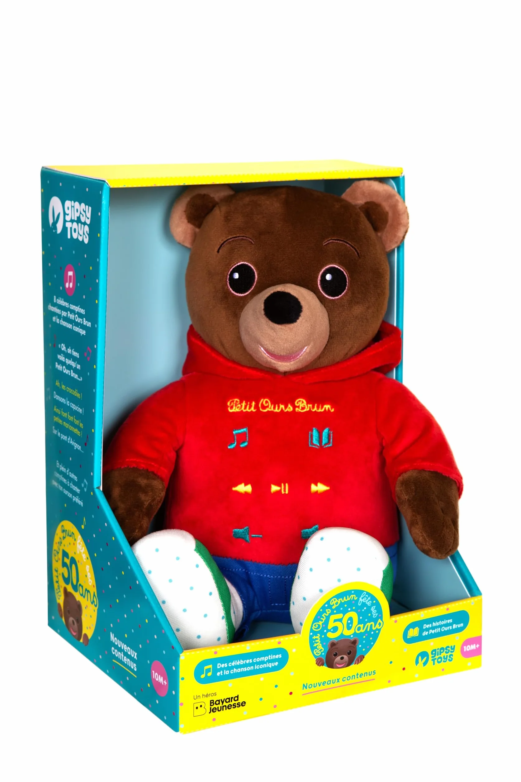 Peluche Interactive Petit Ours Brun 50 Ans 28 cm Marron Rouge Boîte Cadeau Version FR