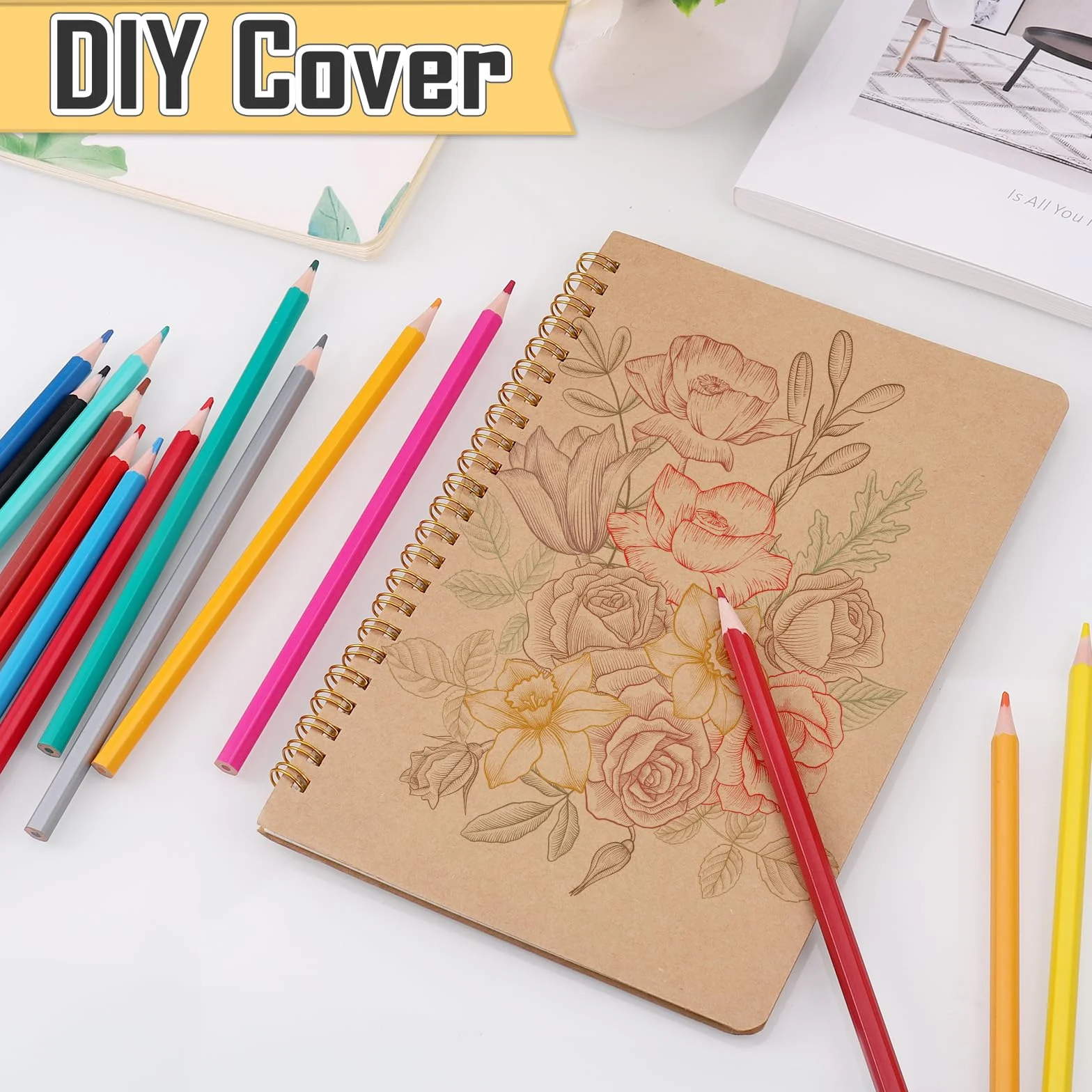 Carnet Cpirale Page Blanche A5, 4 Pièces Basics Carnet de Notes, Vierge, Bloc-Notes Couverture Kraft 100 Pages