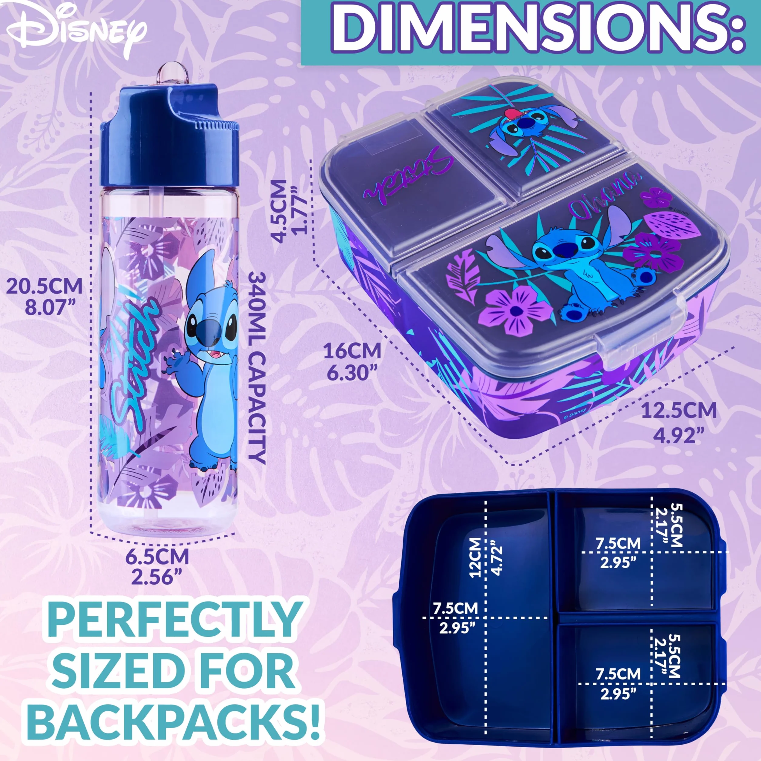 Disney Stitch Boîte à Goûter Enfant avec Compartiments et Gourde Bleu/Violet
