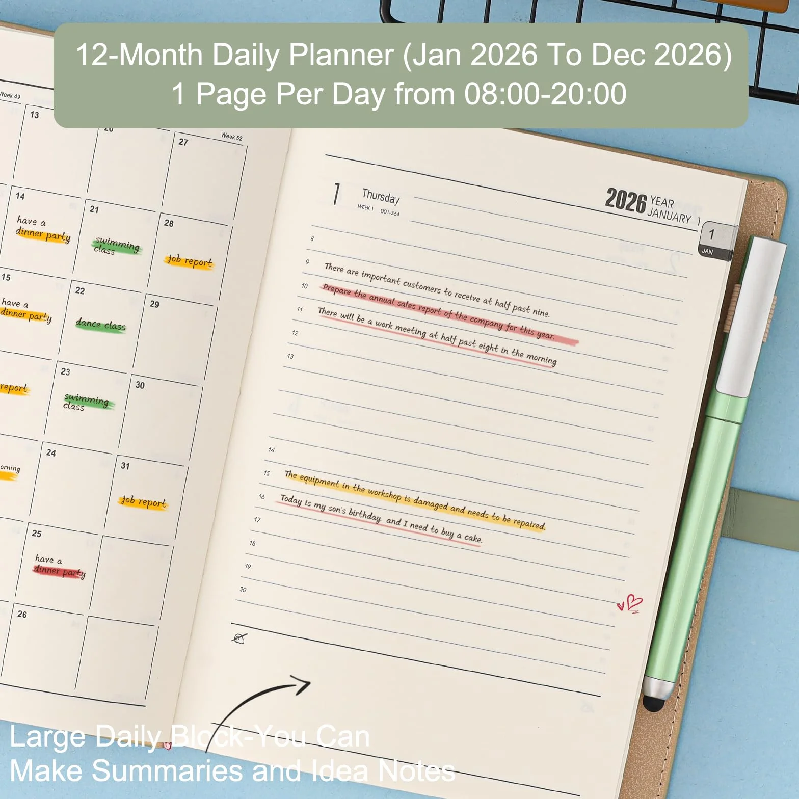 Agenda académique 2026 A5 Un jour par page avec autocollants calendrier porte-stylo et stylo 14 x 21,5 cm vert