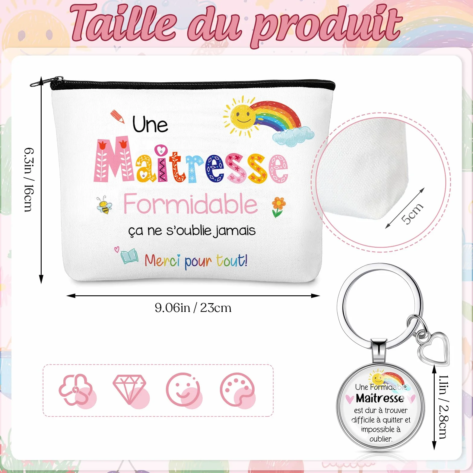 Xuniea Trousse à Maquillage Porte-Clés Gravé pour Professeur Cadeau Maitresse d'École