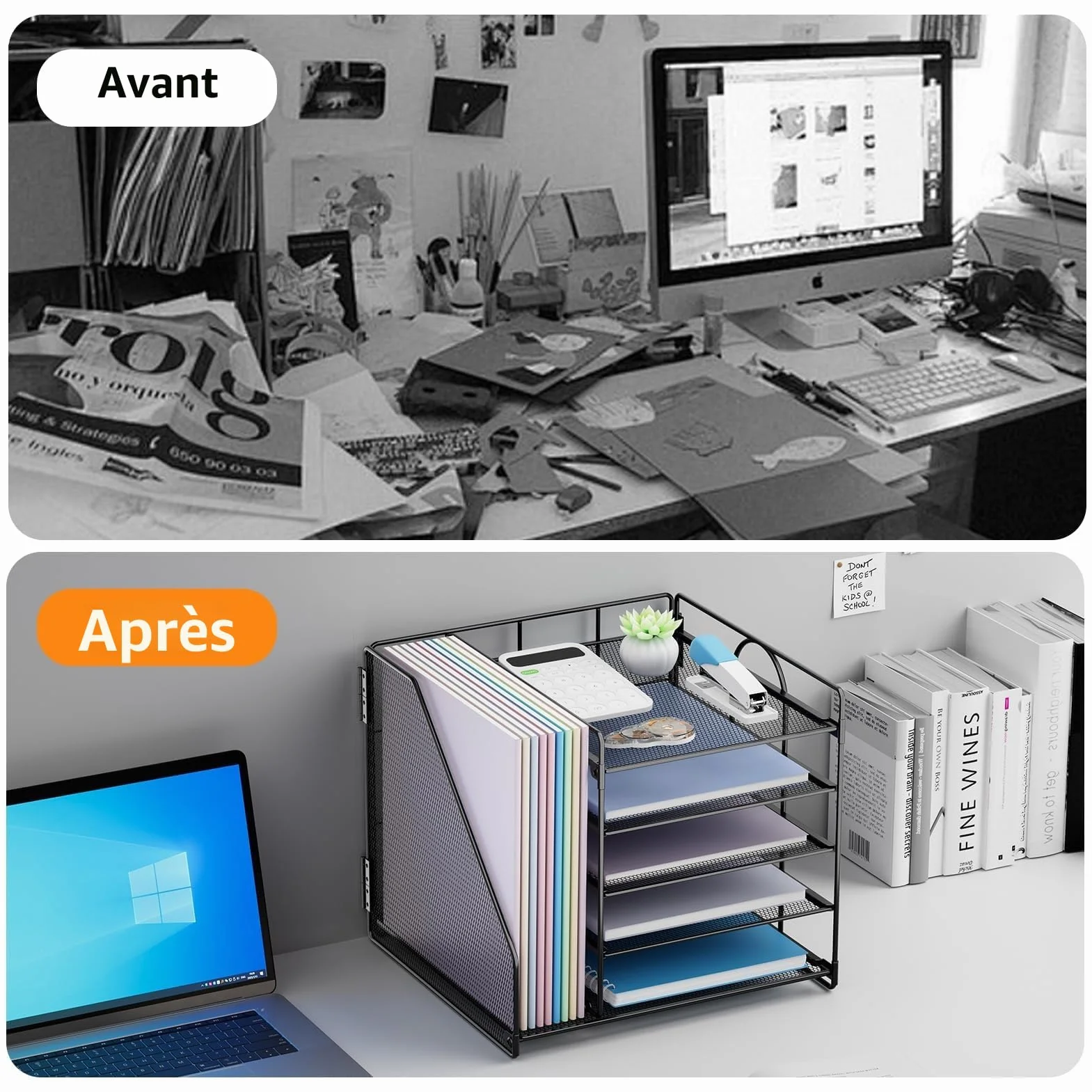 Organiseur de Bureau 5 Niveaux Rangement Documents Porte-Fichiers Corbeille Courrier Maille Métallique Noir