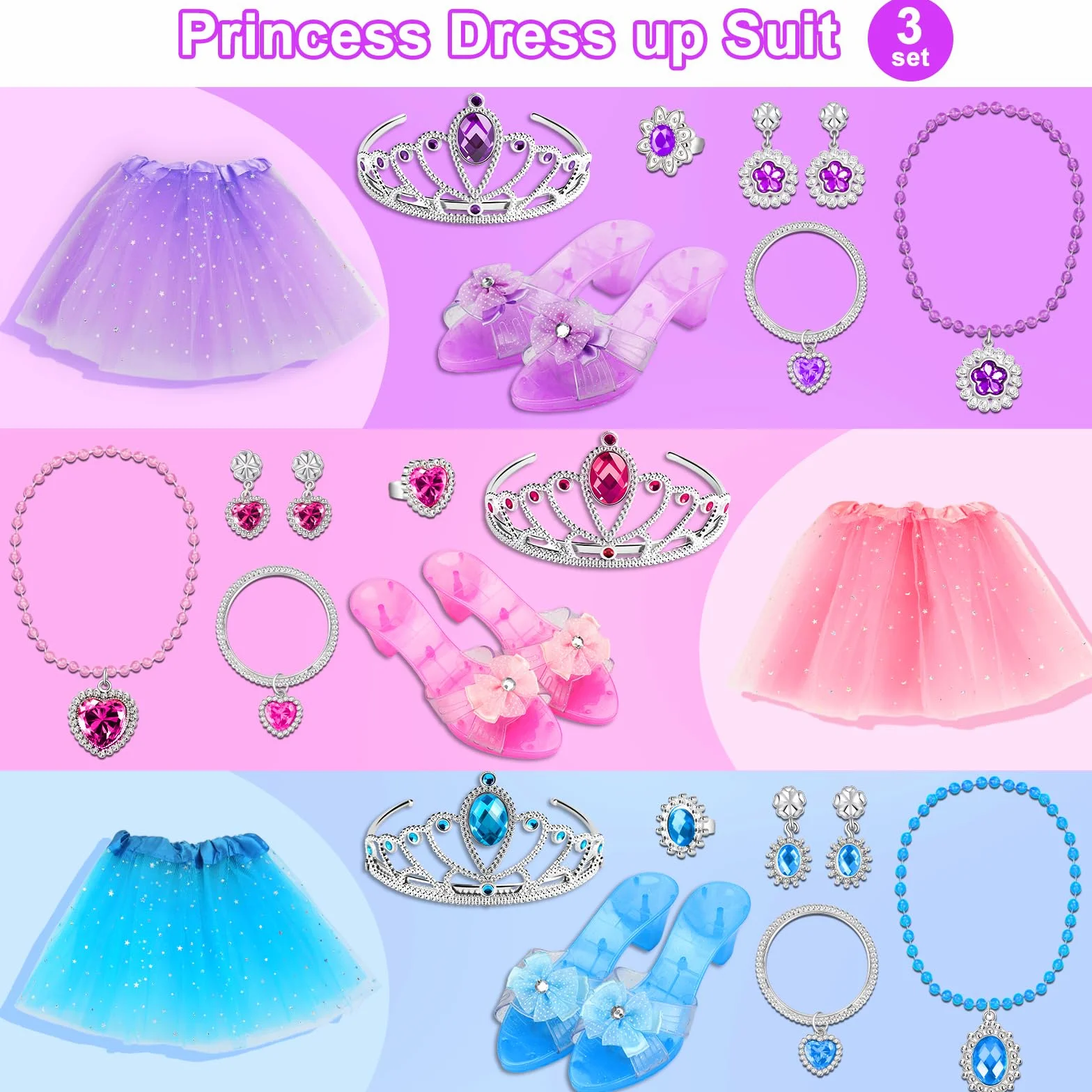 Fille Robe Princesse avec 3 Paires Chaussures Talon Enfant, 3 Jupes, Couronne, Collier, Cadeaux Halloween Noël