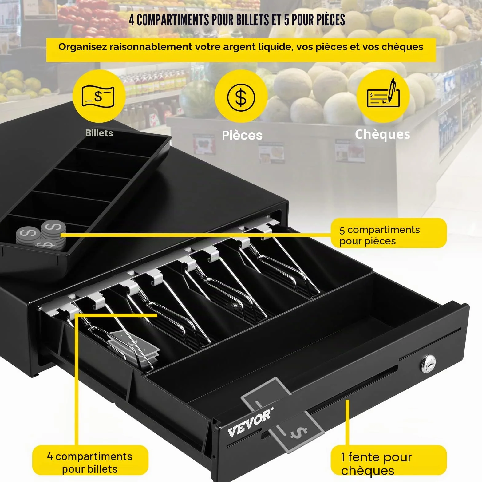 VEVOR Tiroir-Caisse Enregistreuse 33,6 cm Manuel Automatique 4 Billets 5 Pièces RJ11 RJ12 POS