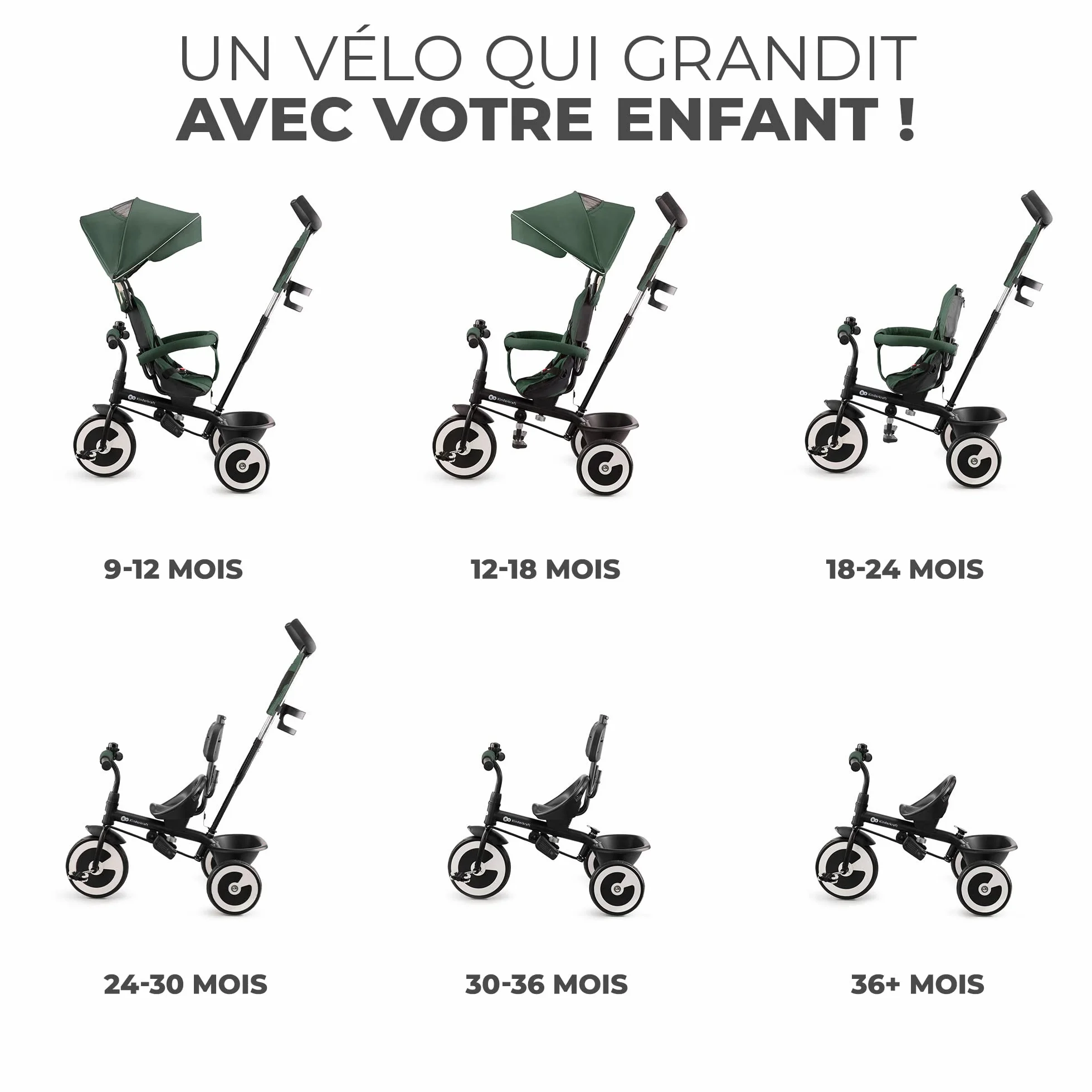 Kinderkraft Aston Tricycle Évolutif Bébé, Draisienne, Trike, Velo Poussette, Enfant 5 Ans, 9 Mois, Compact, Capote Pliante, Vert