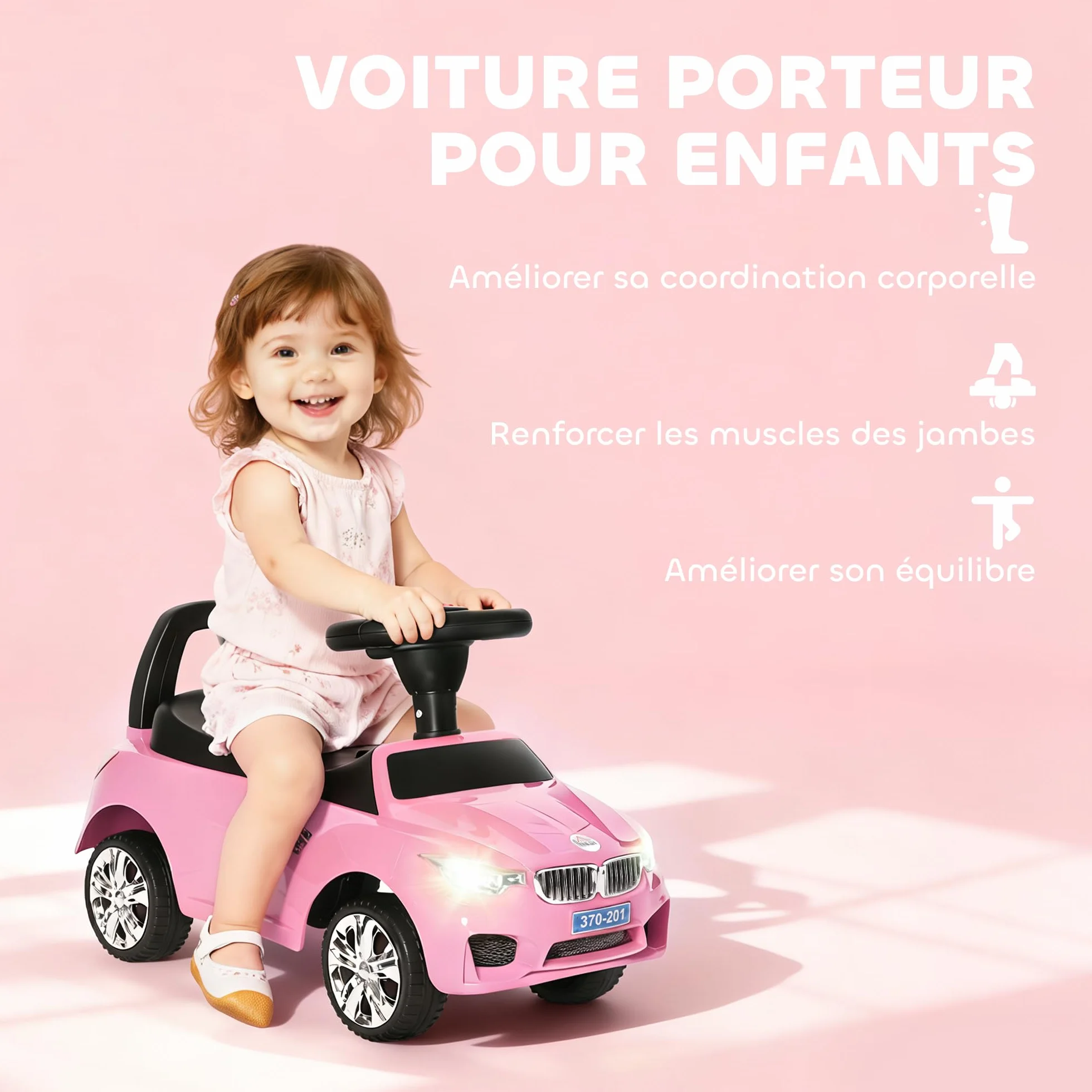 HOMCOM Voiture à Pousser Enfants avec Coffre à Jouets, Klaxon, Phares, Musique, 18-36 Mois, Rose
