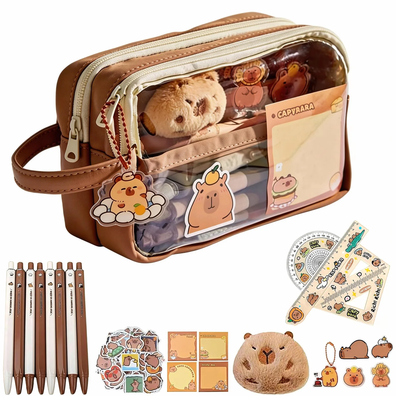 Trousse Capybara Kawaii Ensemble Papeterie avec Stylo Règle Autocollants Pins Porte-clés Blocs-Notes Grande Capacité Bureau École