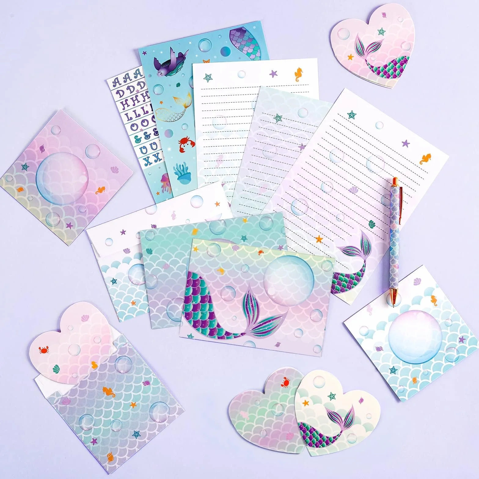 WERNNSAI Sirène Papier de Papeterie 71 PCS Enveloppes Cartes Autocollants Boite Cadeau