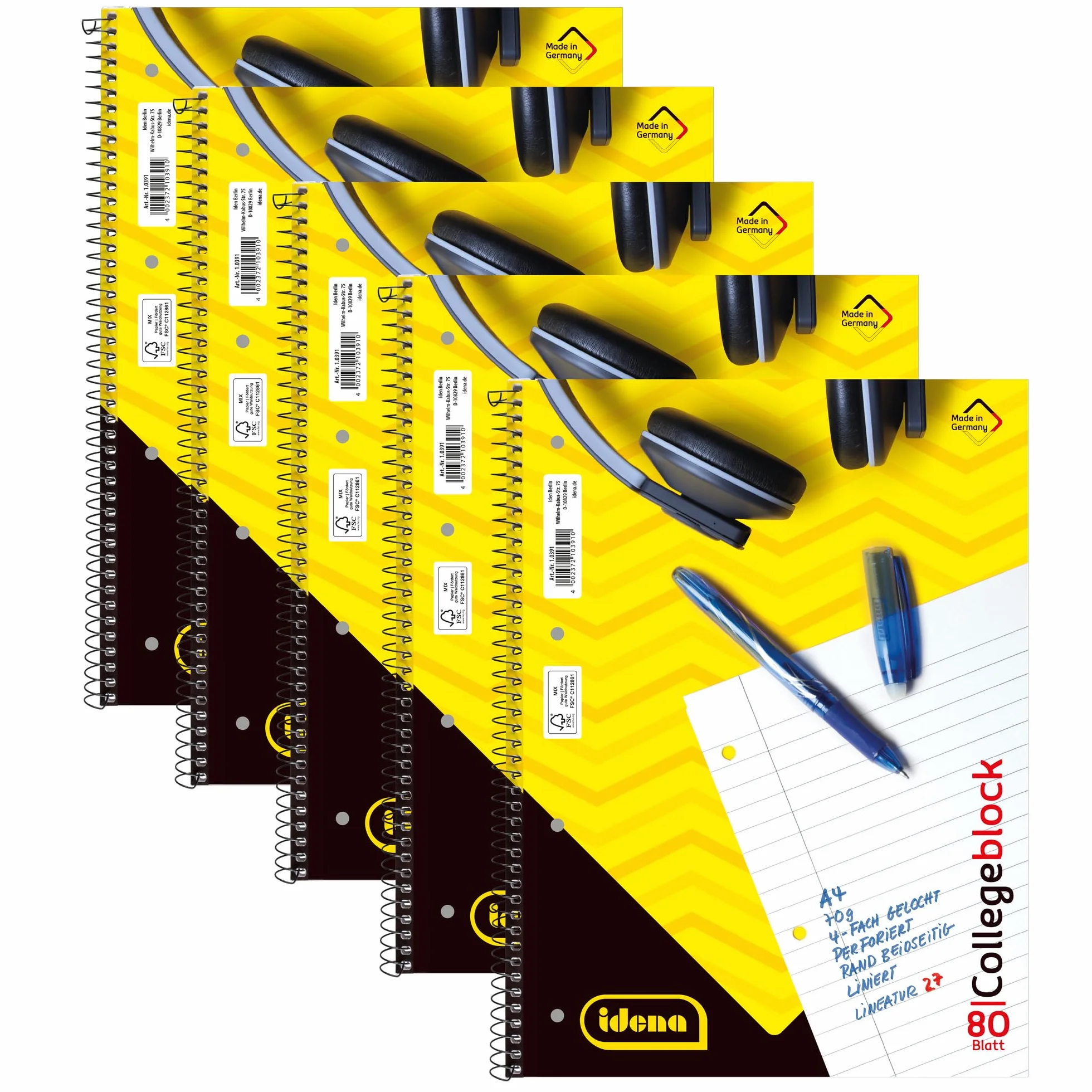 Idena Collegeblock A4 80 feuilles lignées double bord, bloc spirale 70g/m² 4 trous perforé