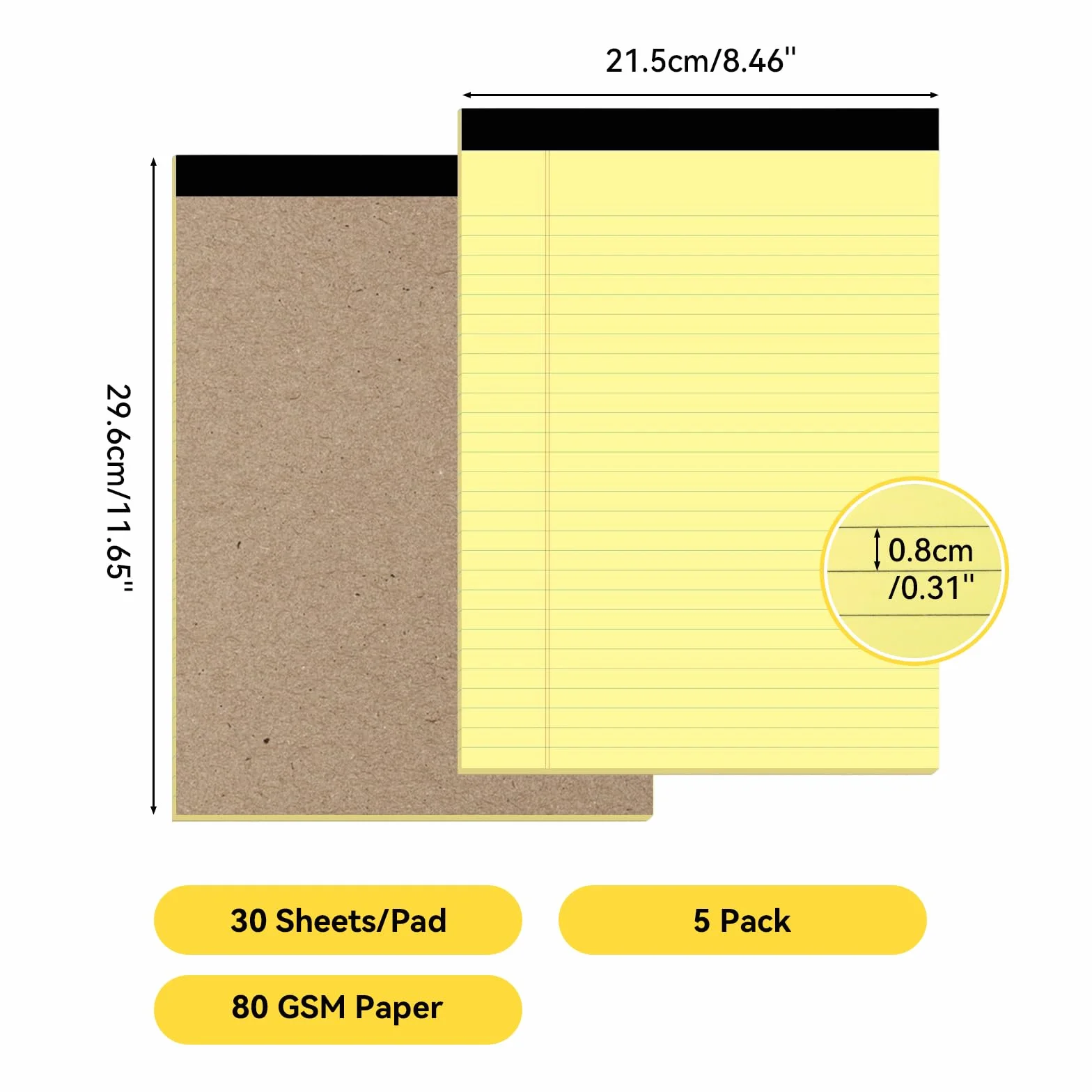 Blocs-notes A4 jaunes 30 feuilles 60 pages ligné 0,8 mm perforés détachables 29,2 x 21 cm lot de 5