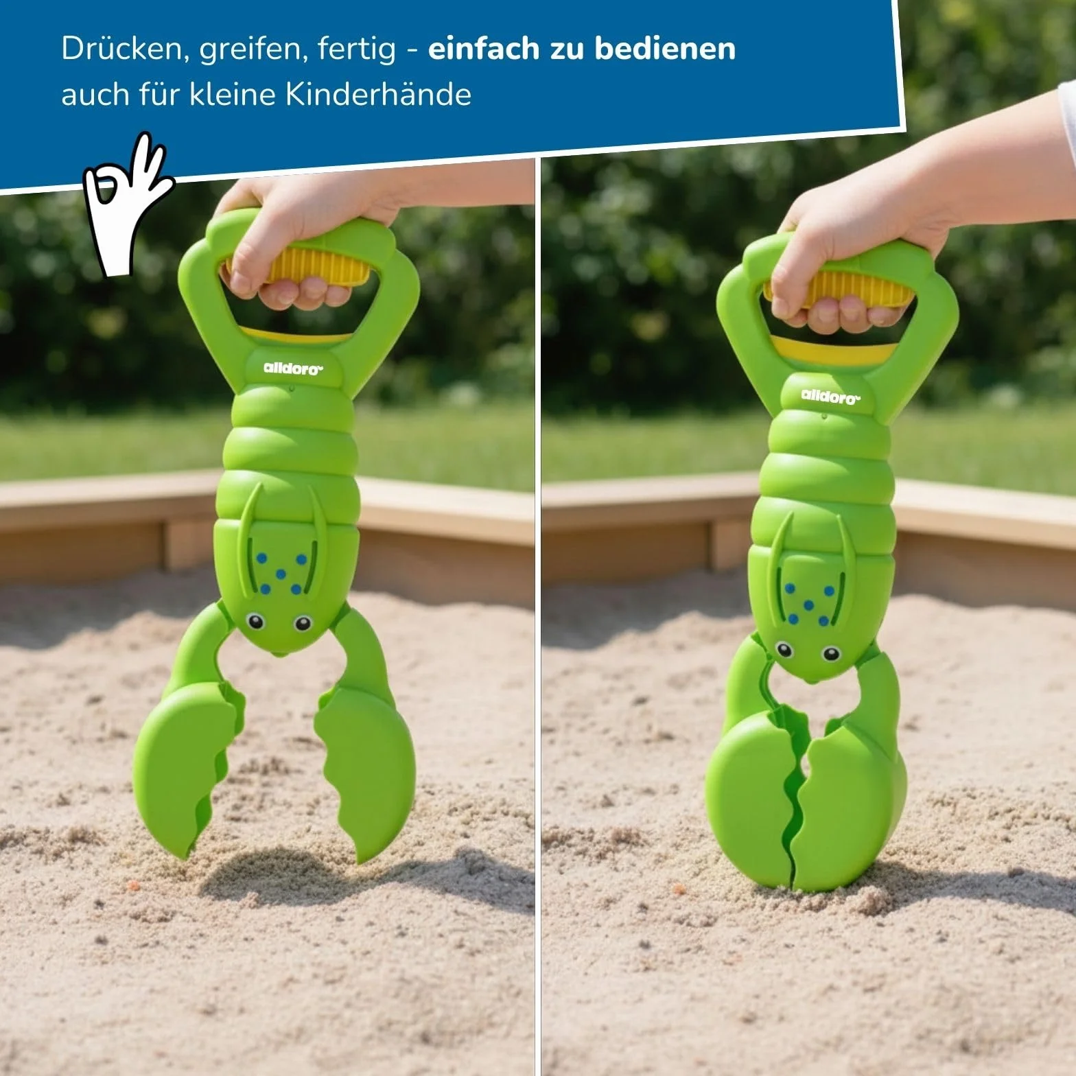 Alldoro 60179 Pince à Sable Homard Vert Jouet de Sable pour Enfants 34 cm