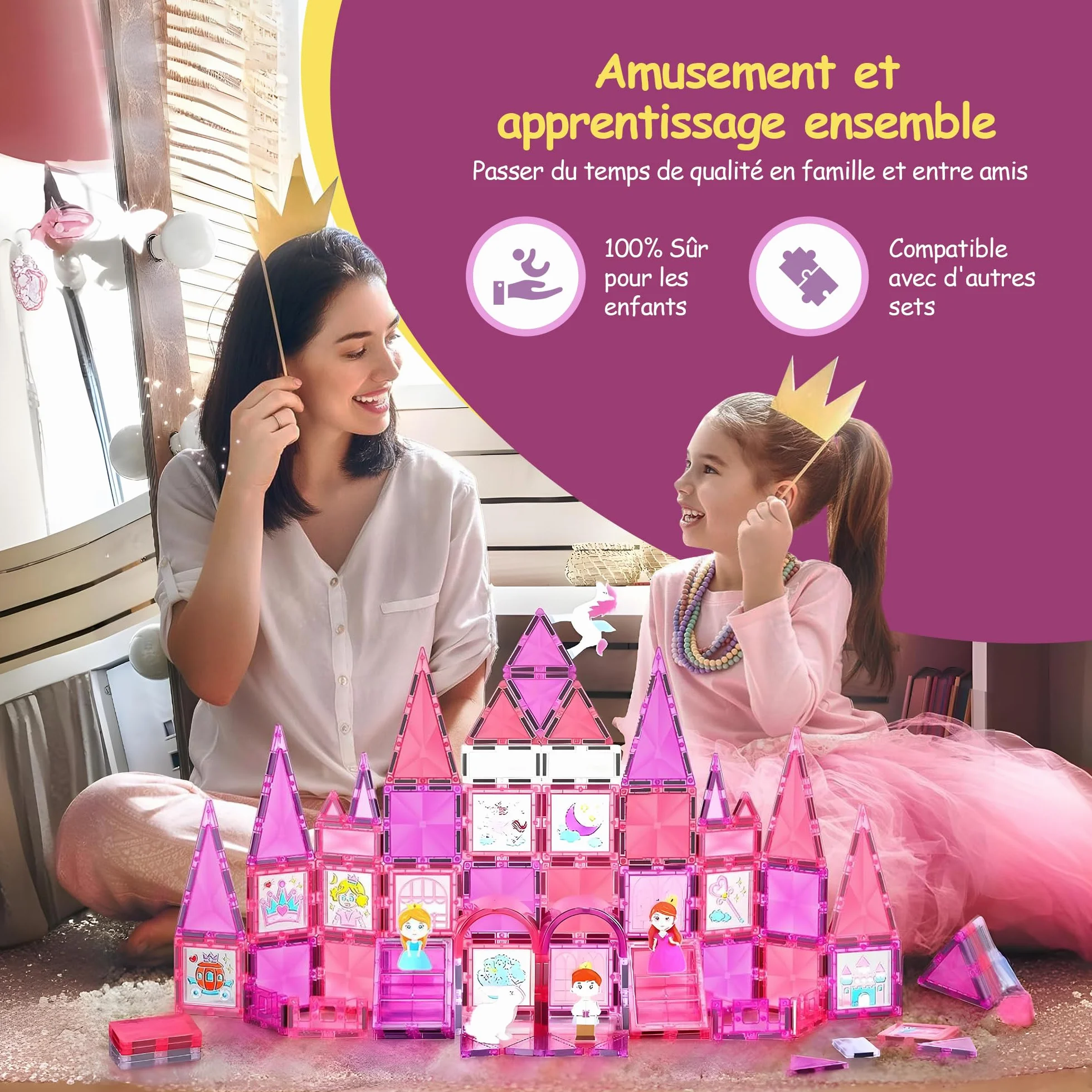 Olvy Blocs de Construction magnétiques Montessori Jouet Montessori en tuiles magnétiques Jouet de Construction magnétique 3 Ans Princesse
