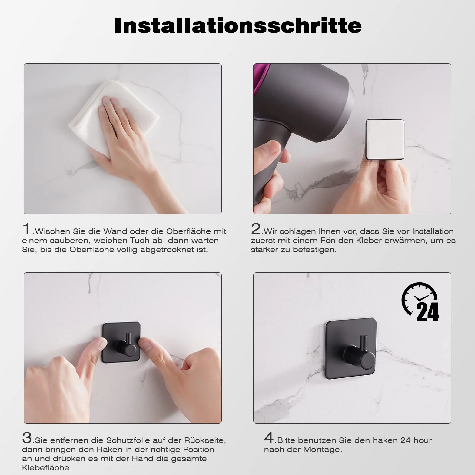 Lot de 5 crochets pour serviettes sans perçage en acier inoxydable auto-adhésifs Noir